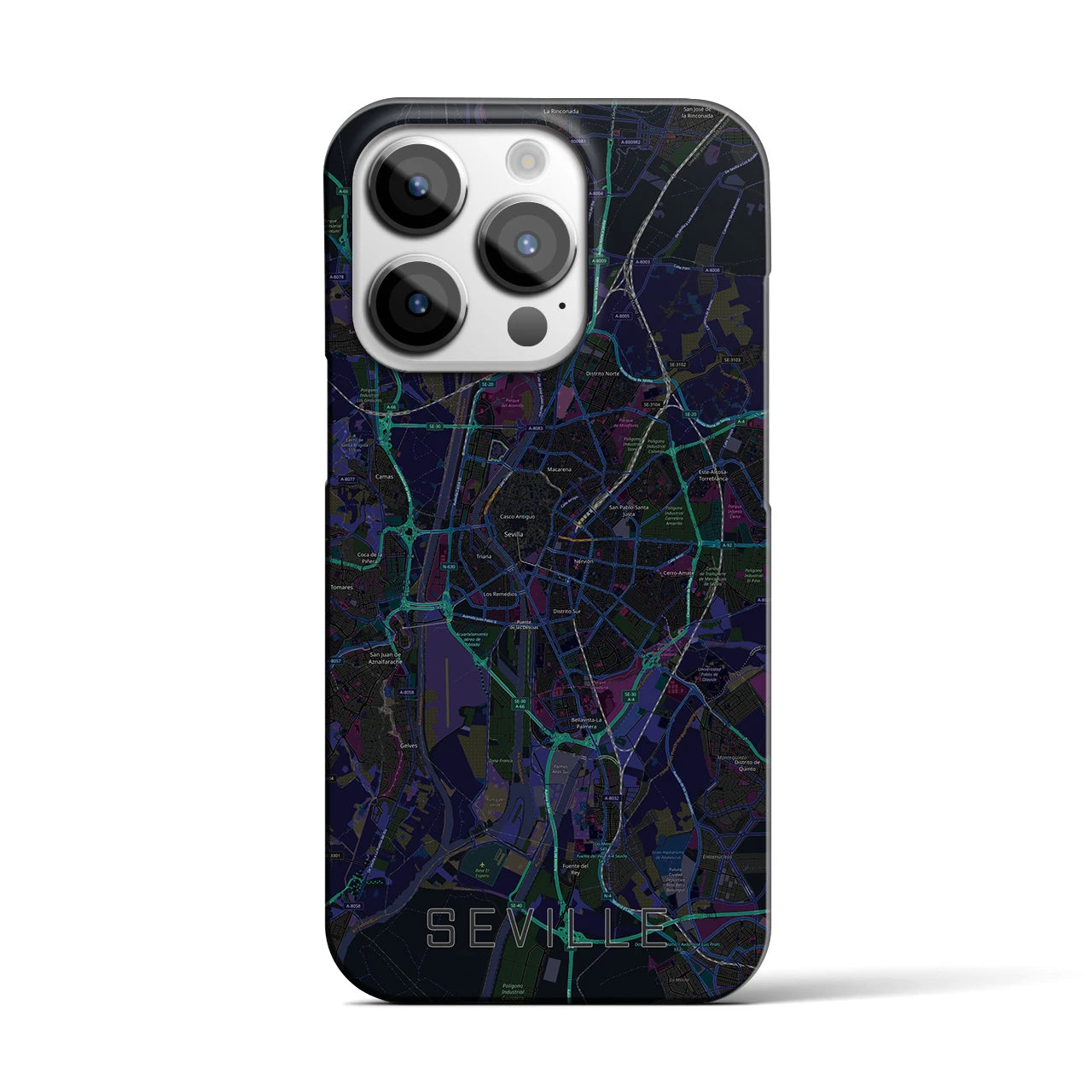 【セビリア】地図柄iPhoneケース（バックカバータイプ・ブラック）iPhone 14 Pro 用