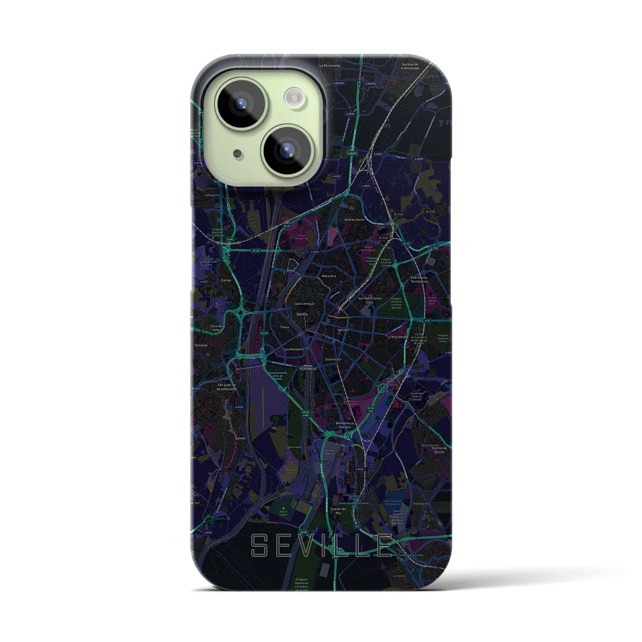 【セビリア】地図柄iPhoneケース（バックカバータイプ・ブラック）iPhone 15 用