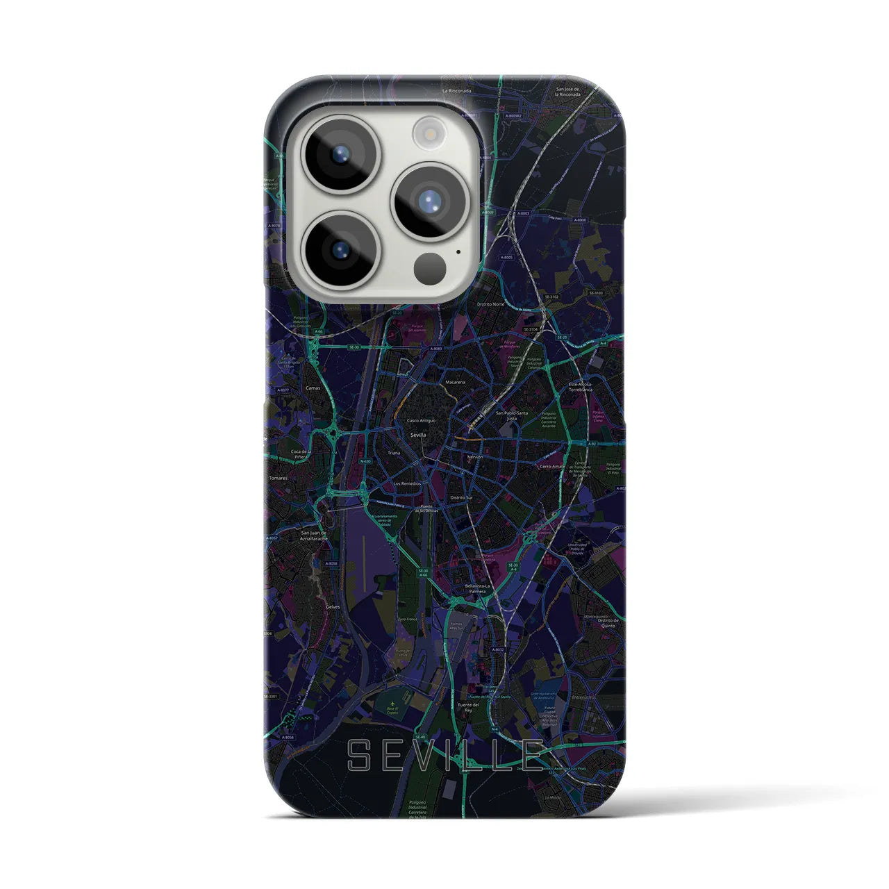 【セビリア】地図柄iPhoneケース（バックカバータイプ・ブラック）iPhone 15 Pro 用
