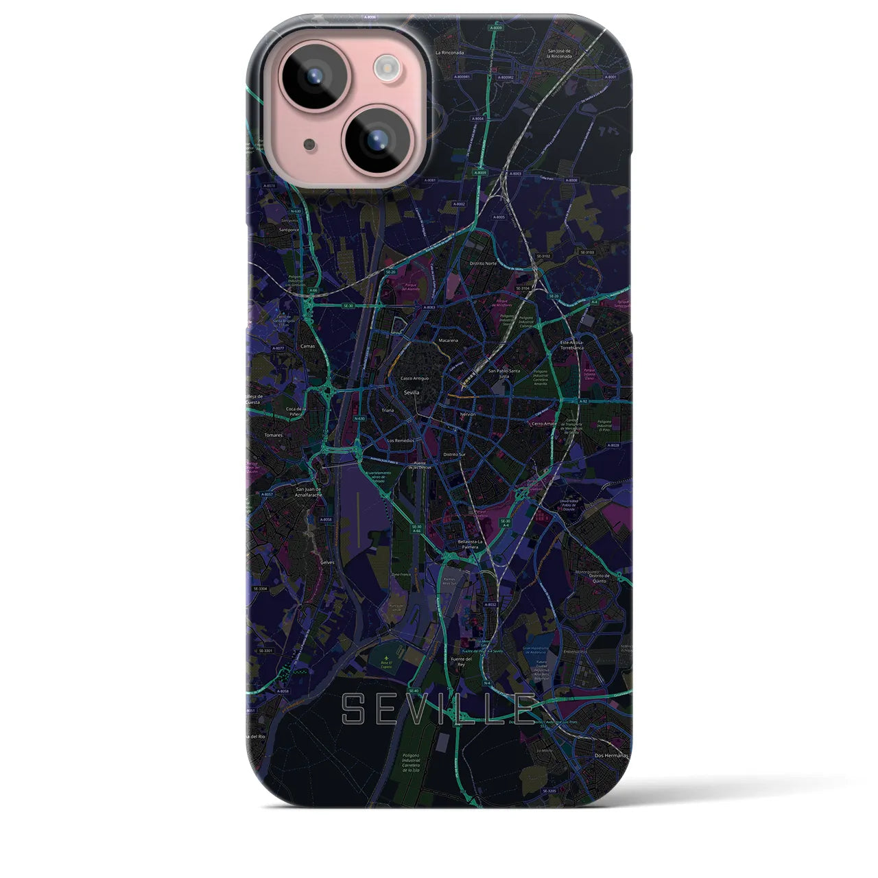 【セビリア】地図柄iPhoneケース（バックカバータイプ・ブラック）iPhone 15 Plus 用