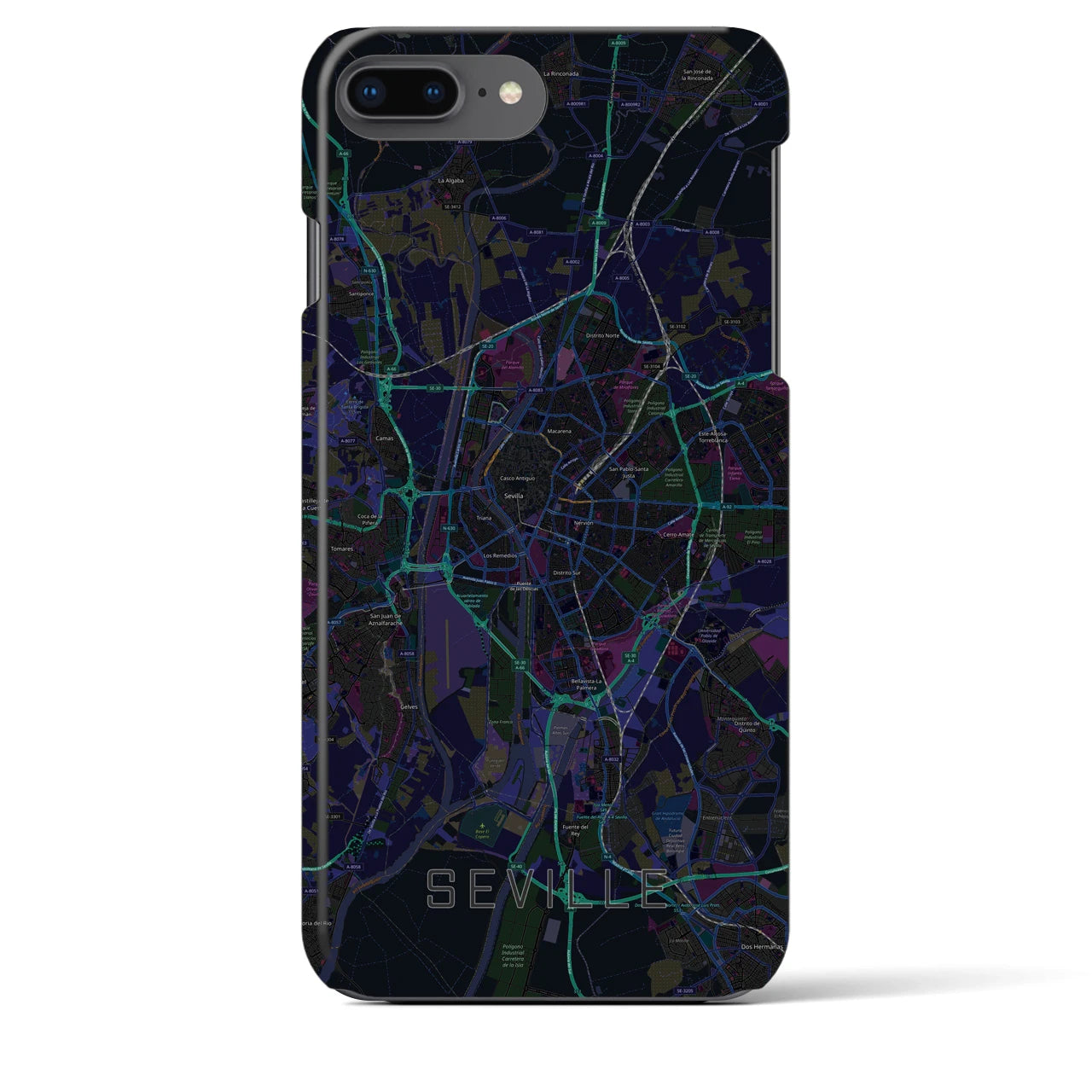 【セビリア】地図柄iPhoneケース（バックカバータイプ・ブラック）iPhone 8Plus /7Plus / 6sPlus / 6Plus 用