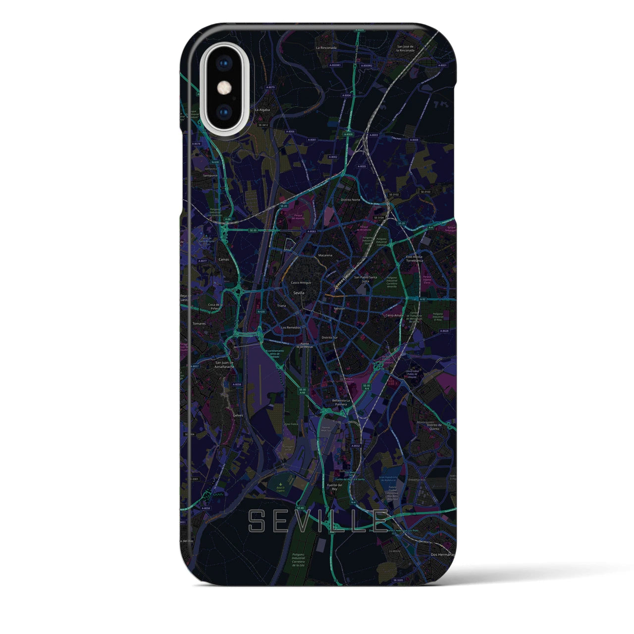 【セビリア】地図柄iPhoneケース（バックカバータイプ・ブラック）iPhone XS Max 用