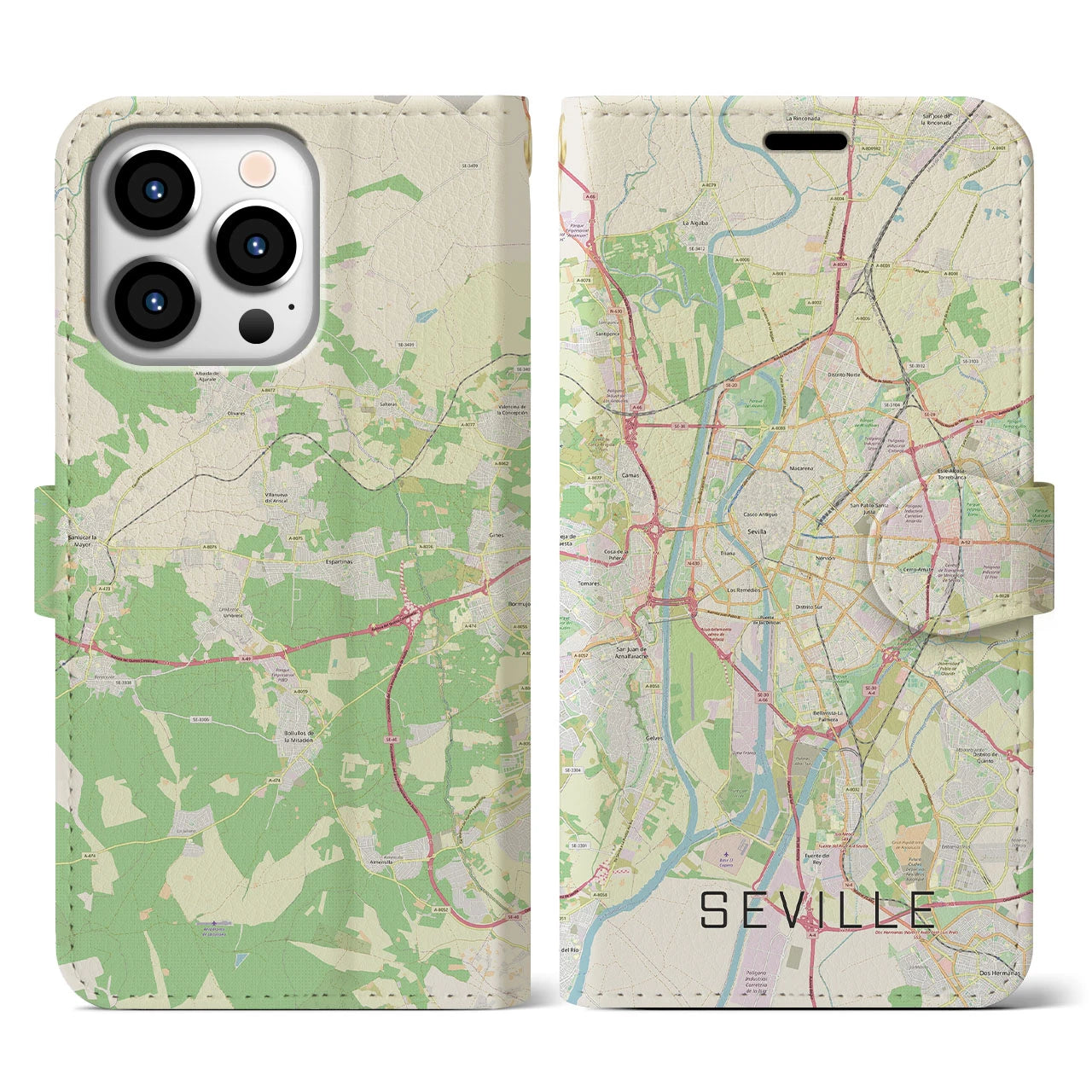 【セビリア】地図柄iPhoneケース（手帳両面タイプ・ナチュラル）iPhone 13 Pro 用