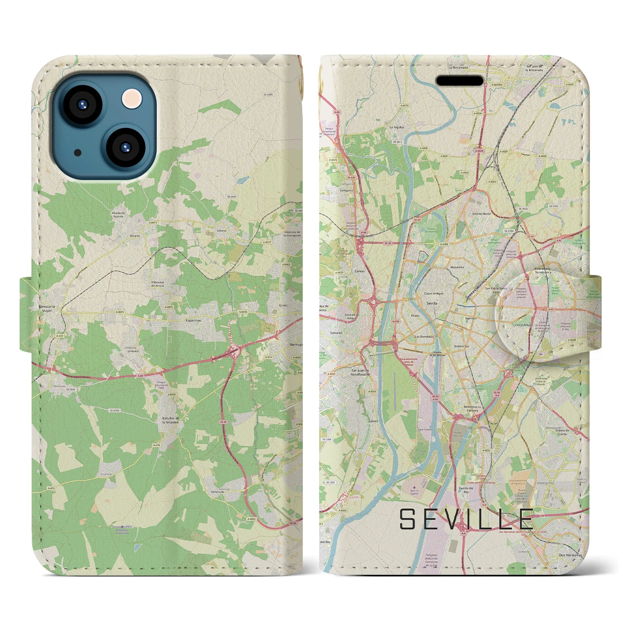 【セビリア】地図柄iPhoneケース（手帳両面タイプ・ナチュラル）iPhone 13 用