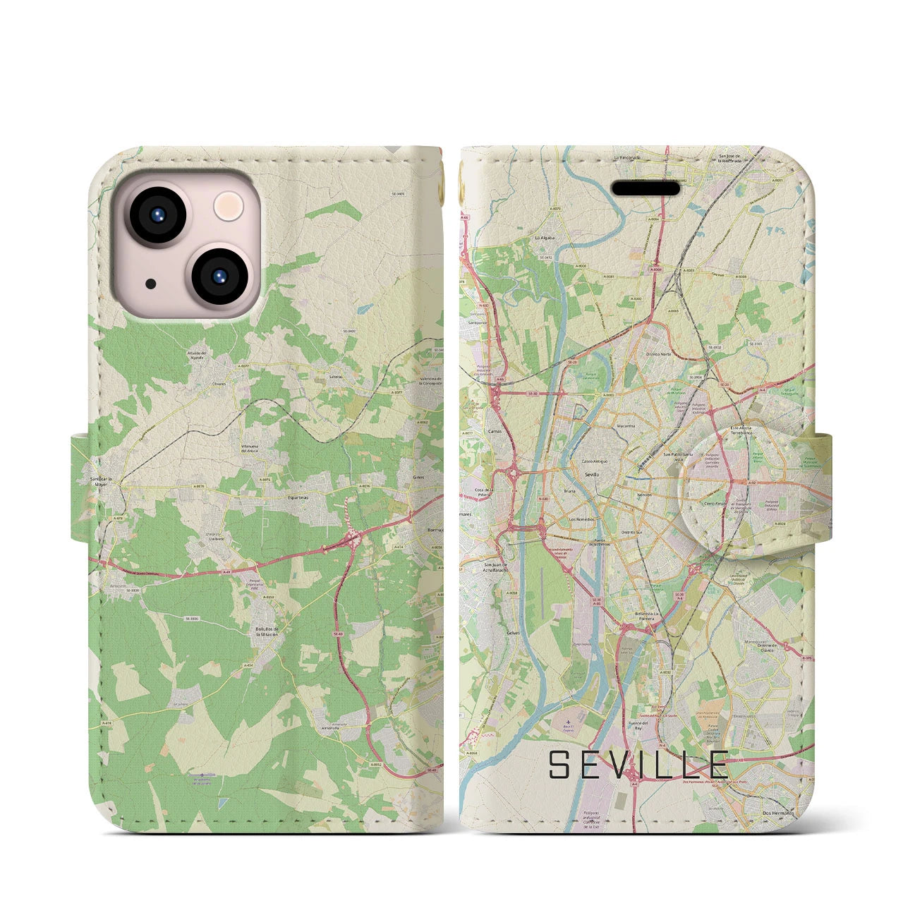 【セビリア】地図柄iPhoneケース（手帳両面タイプ・ナチュラル）iPhone 13 mini 用