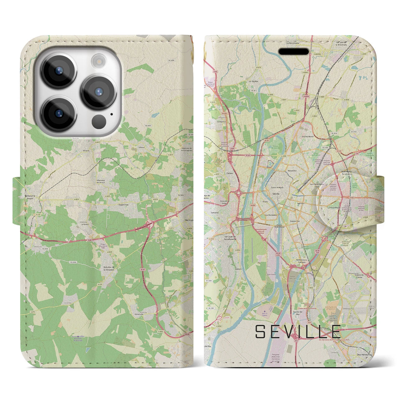 【セビリア】地図柄iPhoneケース（手帳両面タイプ・ナチュラル）iPhone 14 Pro 用