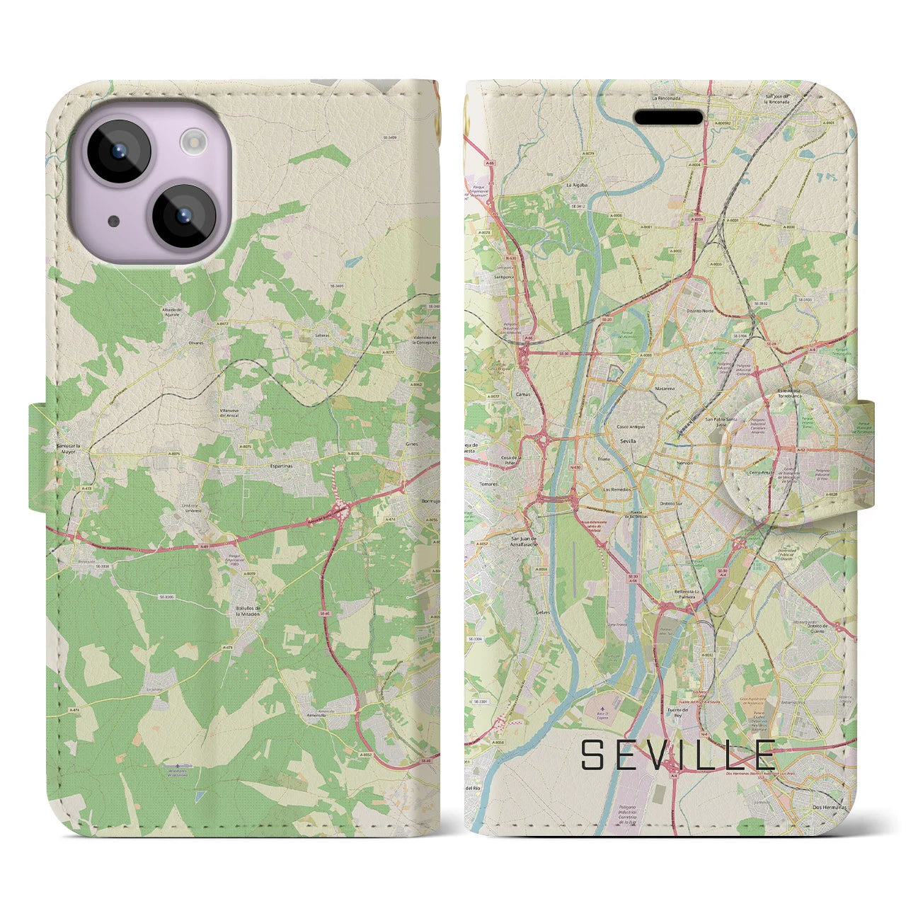 【セビリア】地図柄iPhoneケース（手帳両面タイプ・ナチュラル）iPhone 14 用