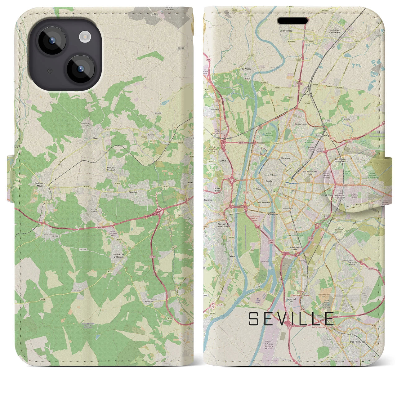 【セビリア】地図柄iPhoneケース（手帳両面タイプ・ナチュラル）iPhone 14 Plus 用