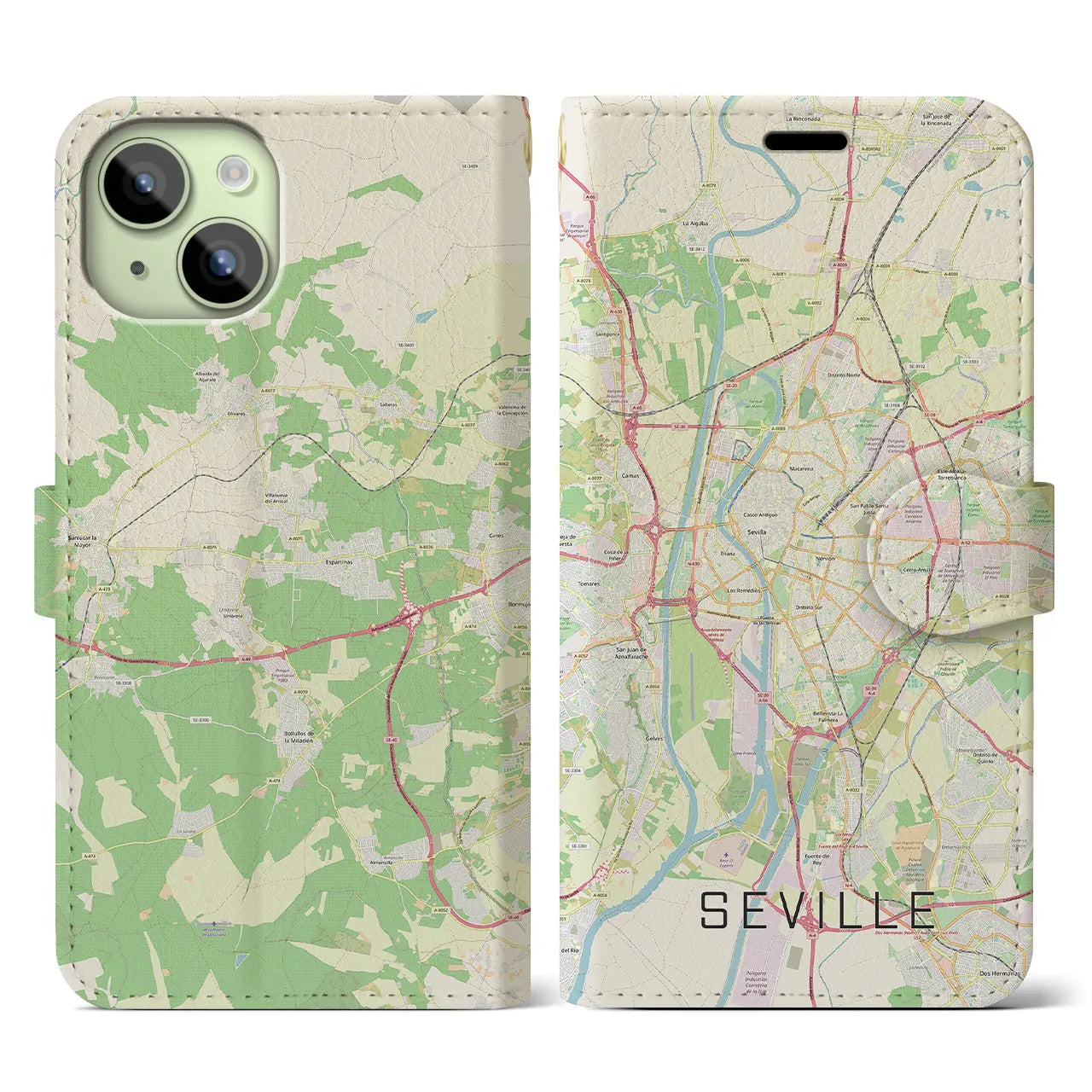 【セビリア】地図柄iPhoneケース（手帳両面タイプ・ナチュラル）iPhone 15 用