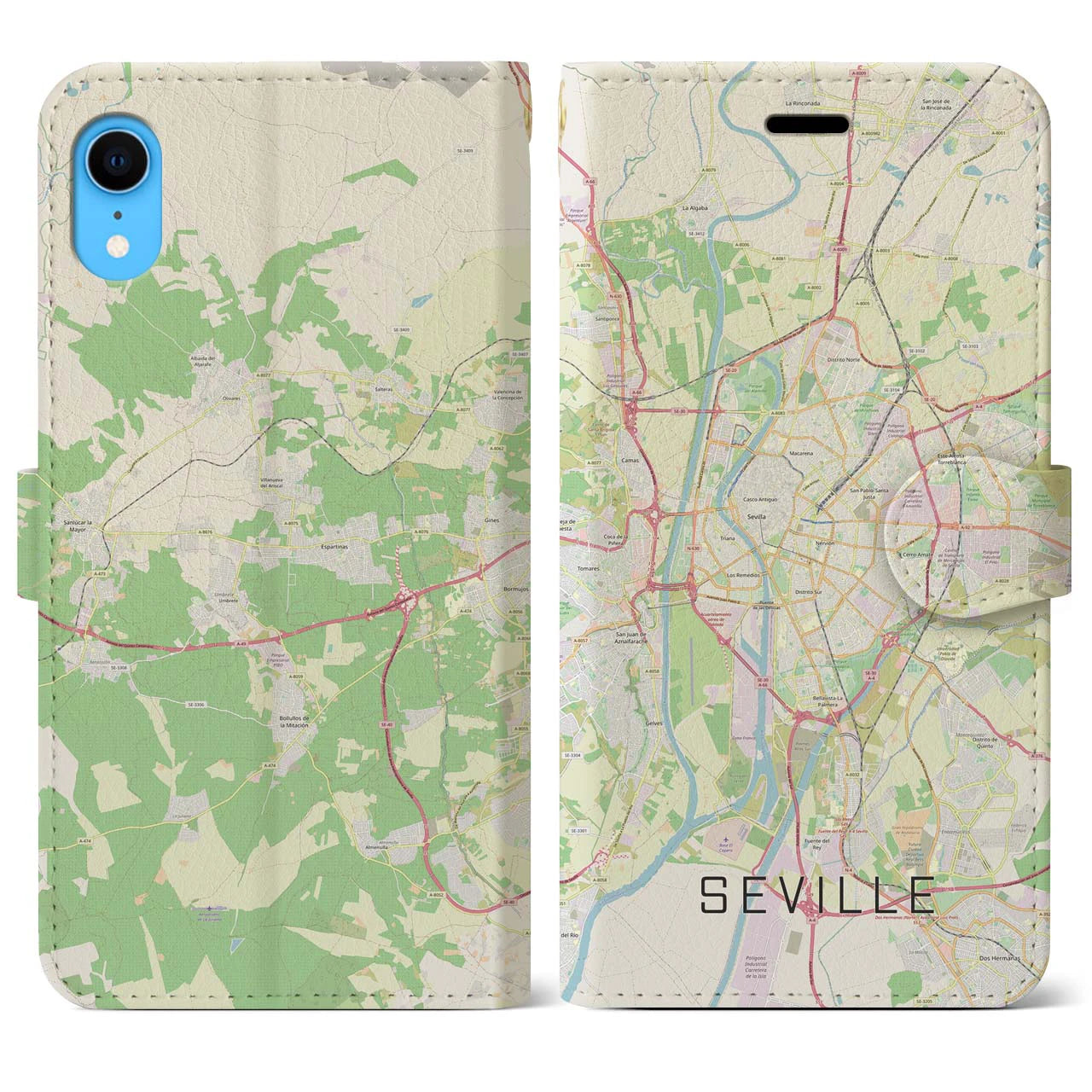 【セビリア】地図柄iPhoneケース（手帳両面タイプ・ナチュラル）iPhone XR 用