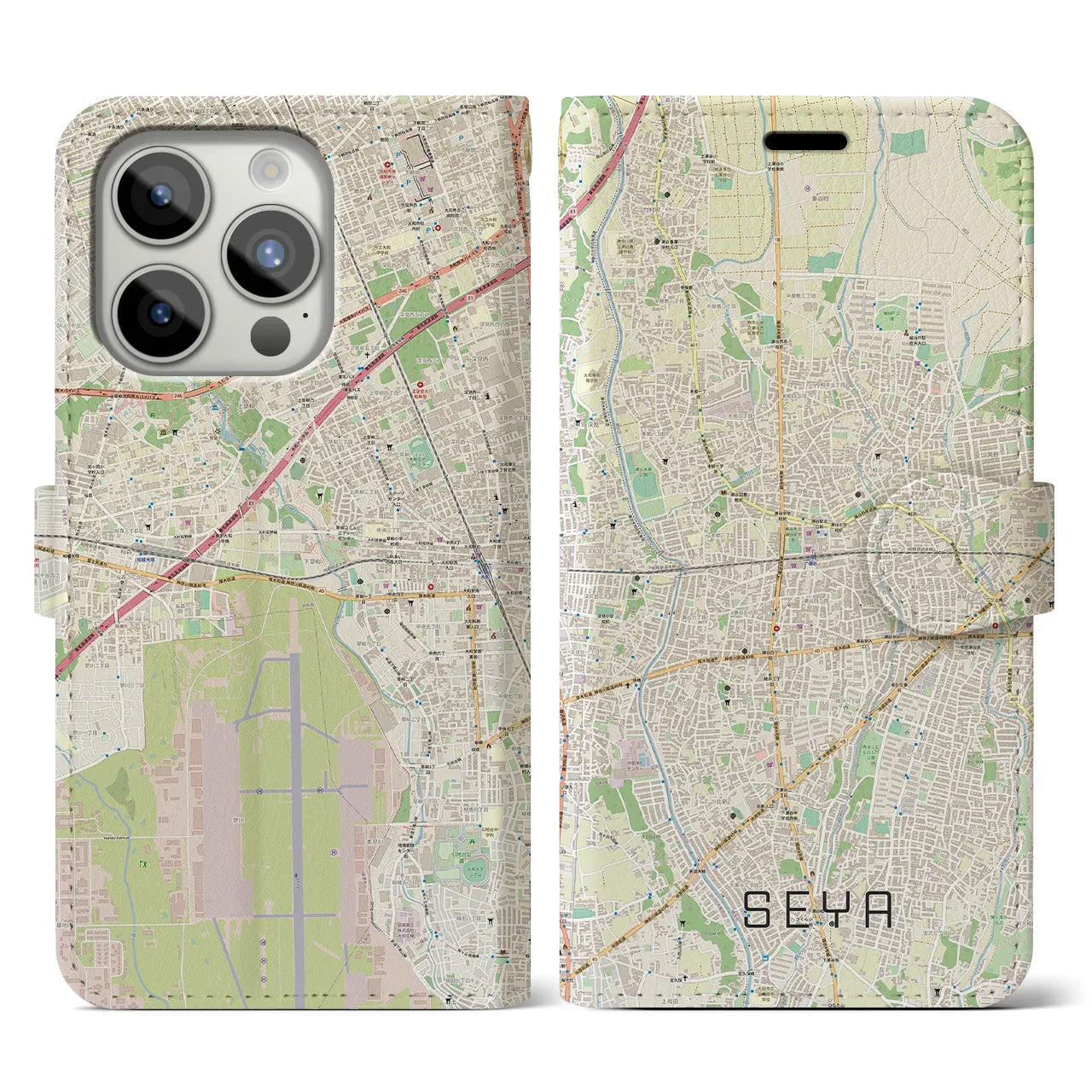 【瀬谷】地図柄iPhoneケース（手帳両面タイプ・ナチュラル）iPhone 15 Pro 用