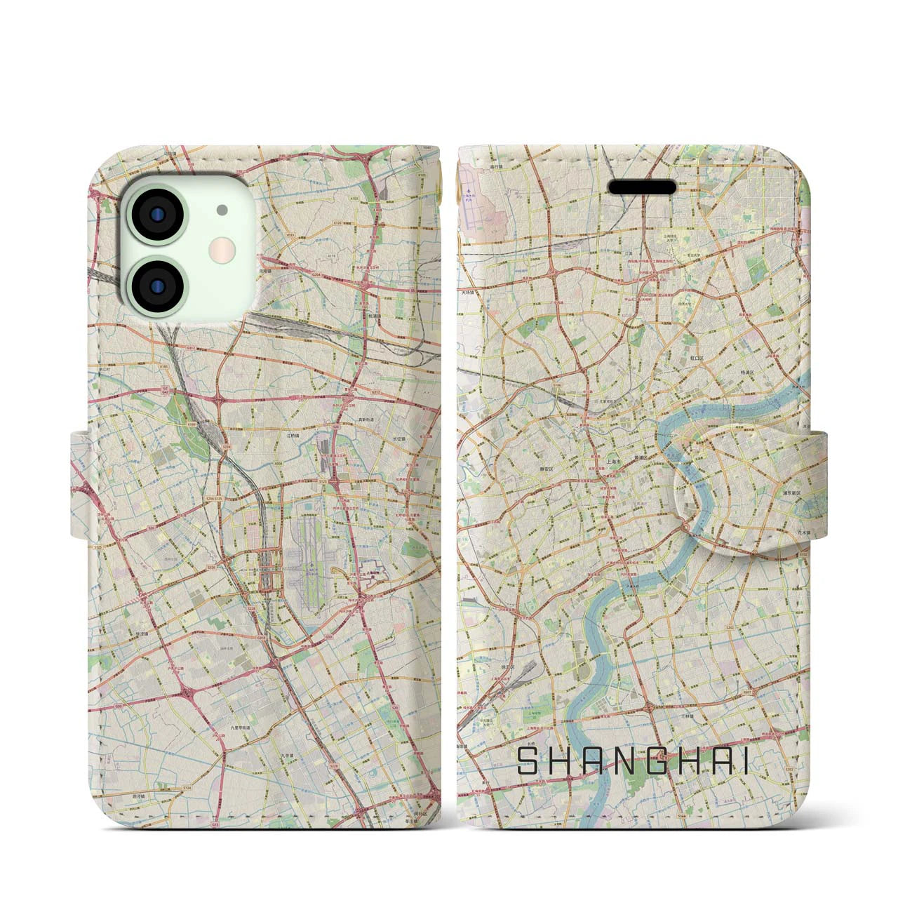 【上海】地図柄iPhoneケース（手帳両面タイプ・ナチュラル）iPhone 12 mini 用