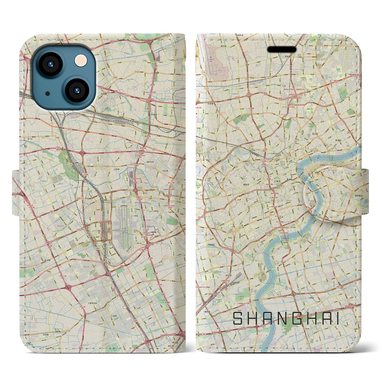 【上海】地図柄iPhoneケース（手帳両面タイプ・ナチュラル）iPhone 13 用