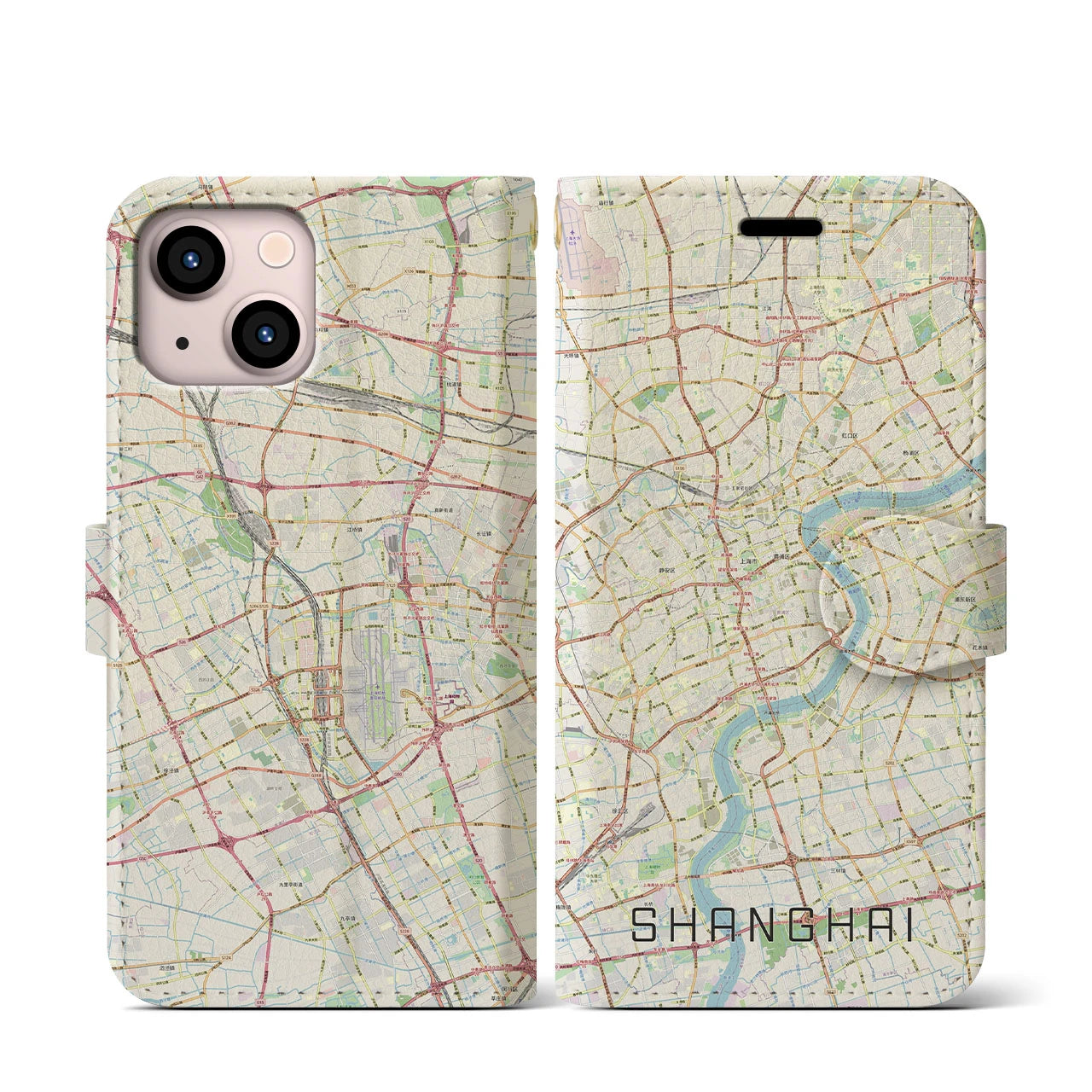 【上海】地図柄iPhoneケース（手帳両面タイプ・ナチュラル）iPhone 13 mini 用