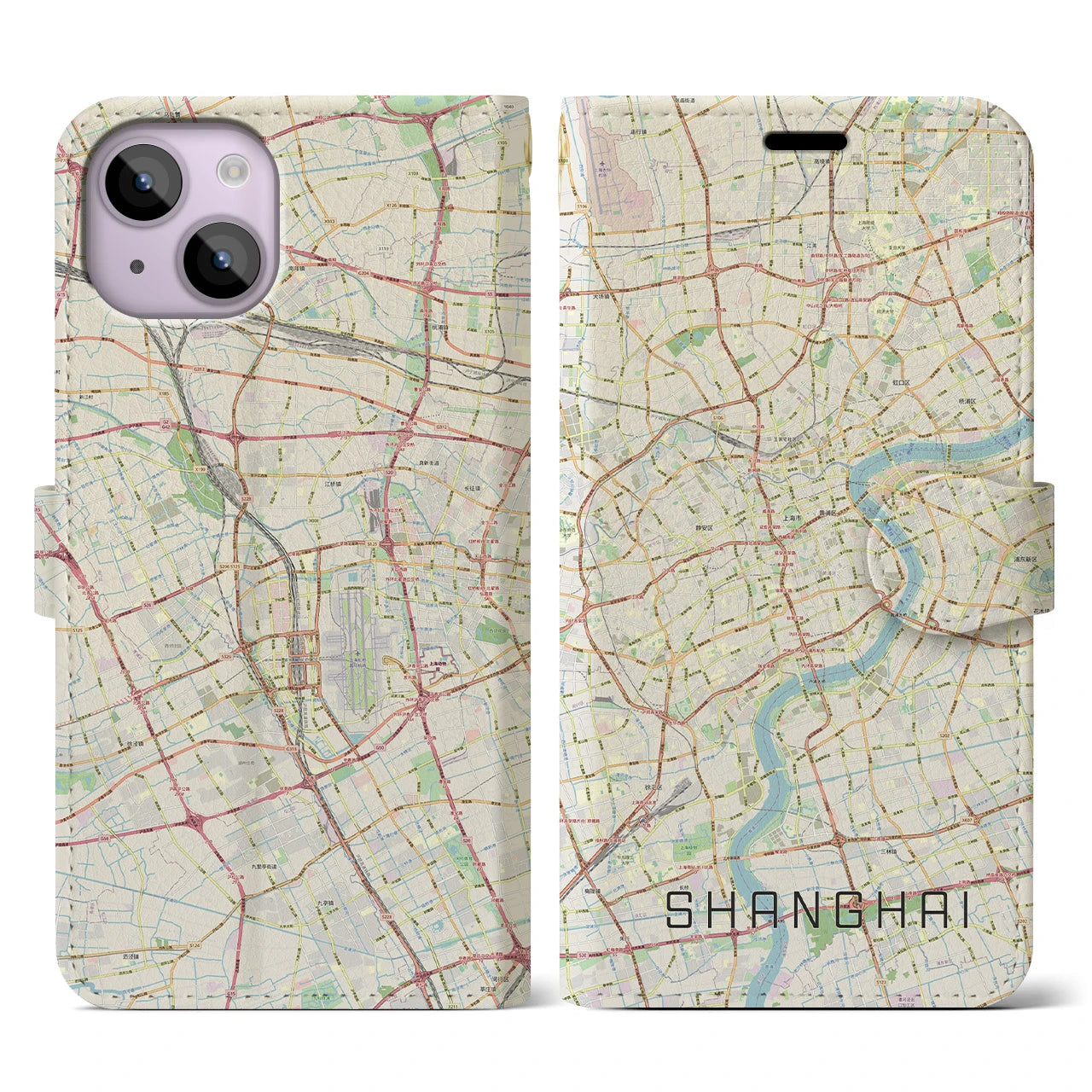 【上海】地図柄iPhoneケース（手帳両面タイプ・ナチュラル）iPhone 14 用