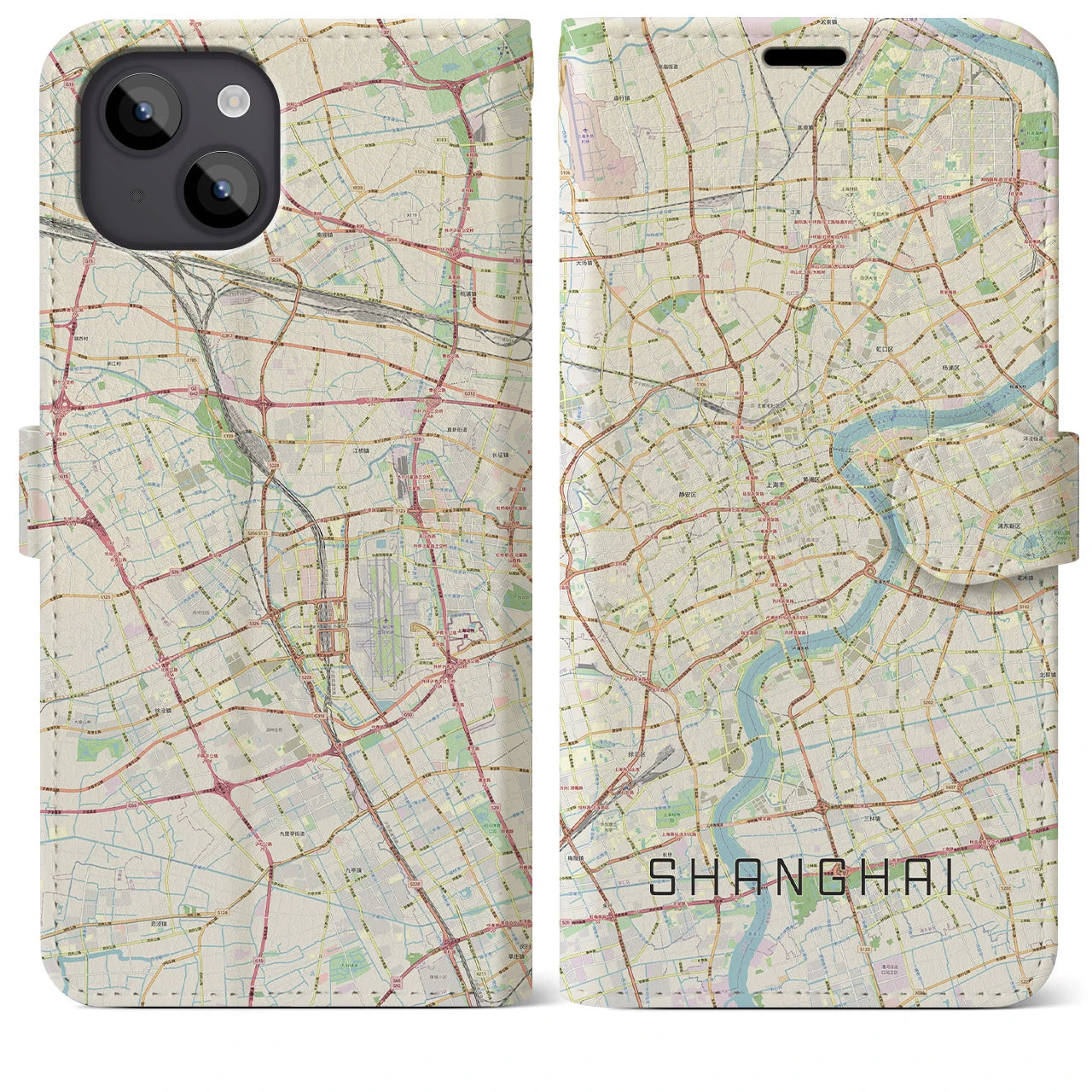 【上海】地図柄iPhoneケース（手帳両面タイプ・ナチュラル）iPhone 14 Plus 用