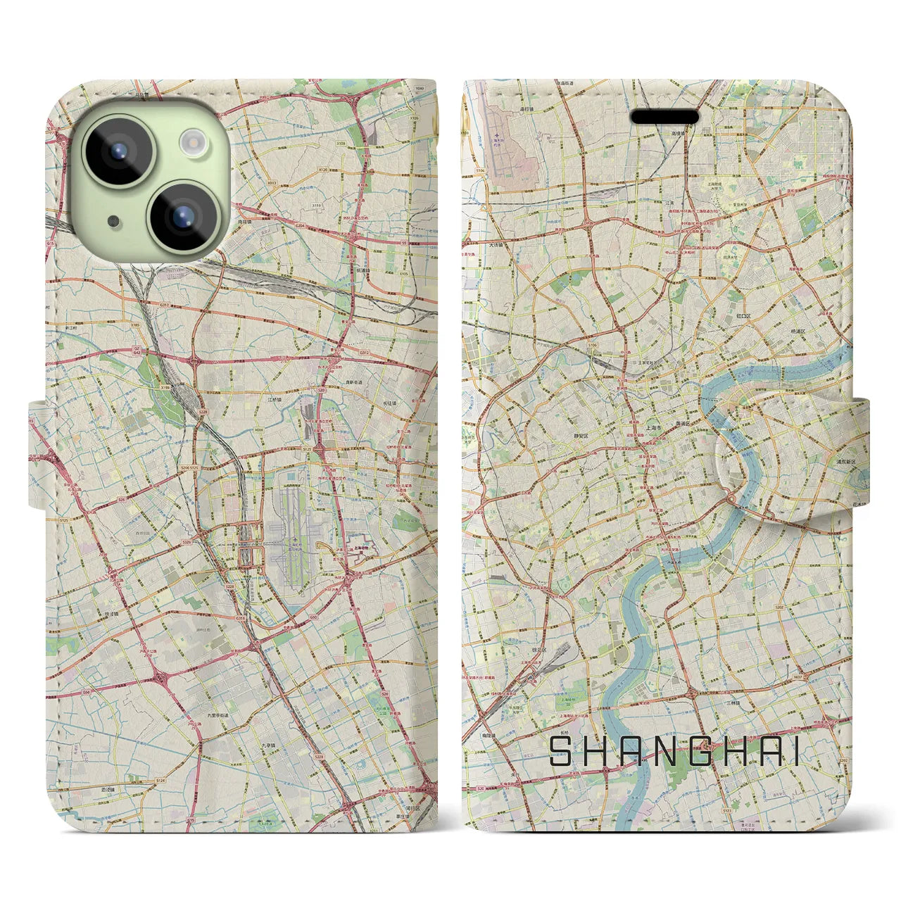 【上海】地図柄iPhoneケース（手帳両面タイプ・ナチュラル）iPhone 15 用