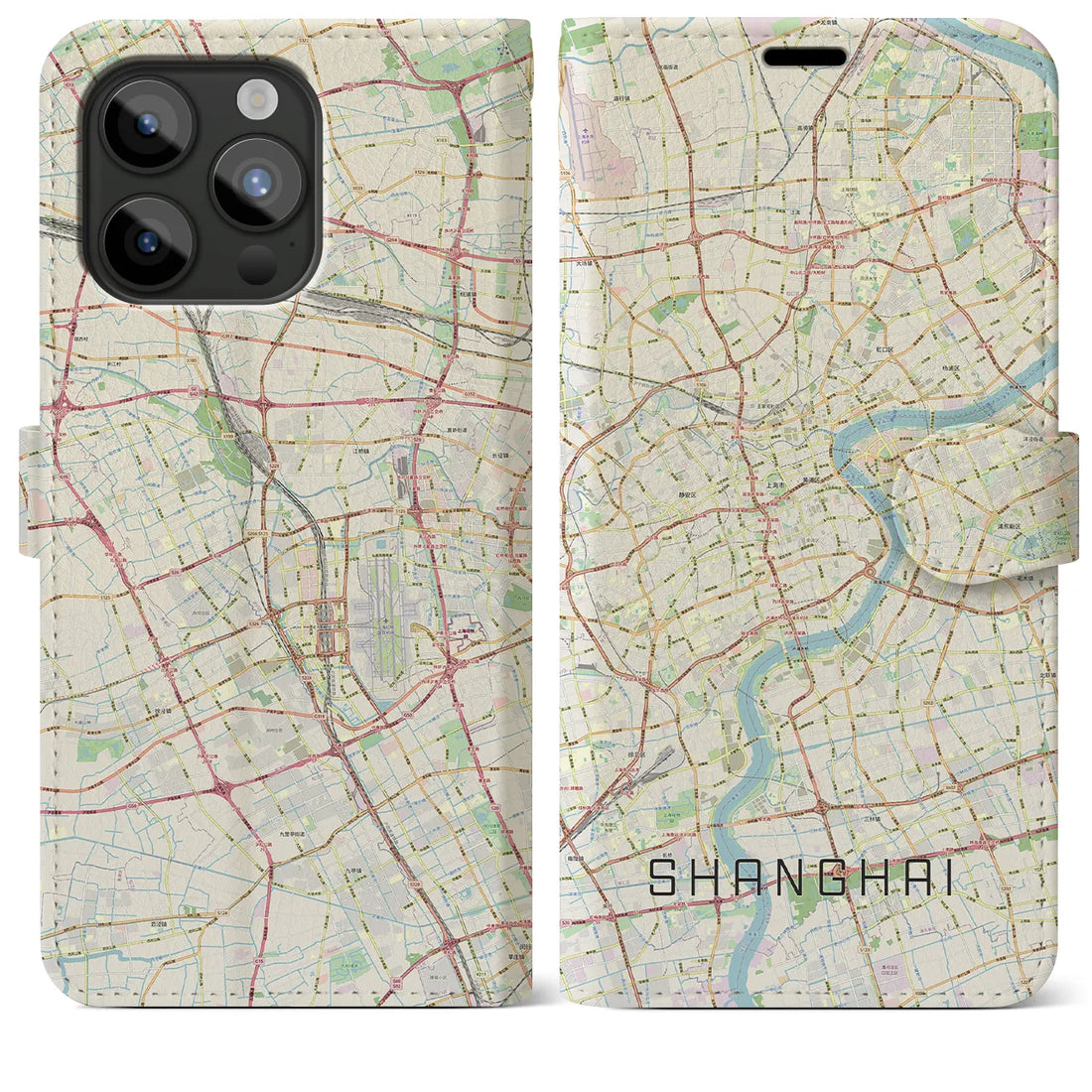 【上海】地図柄iPhoneケース（手帳両面タイプ・ナチュラル）iPhone 15 Pro Max 用
