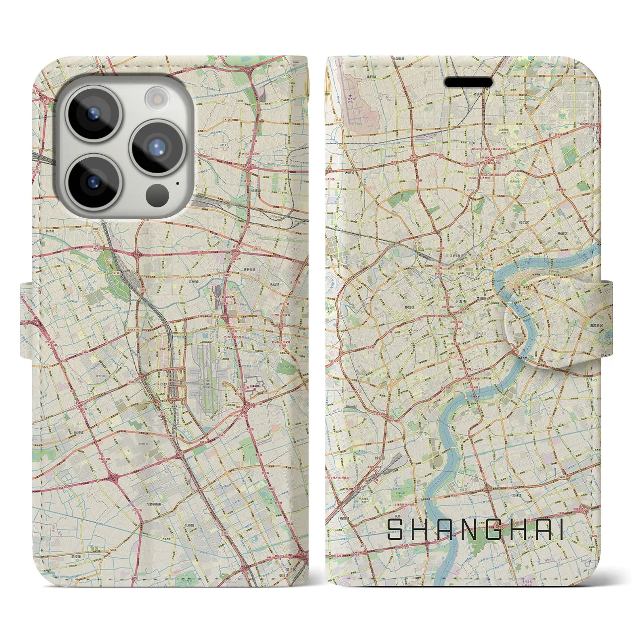 【上海】地図柄iPhoneケース（手帳両面タイプ・ナチュラル）iPhone 15 Pro 用