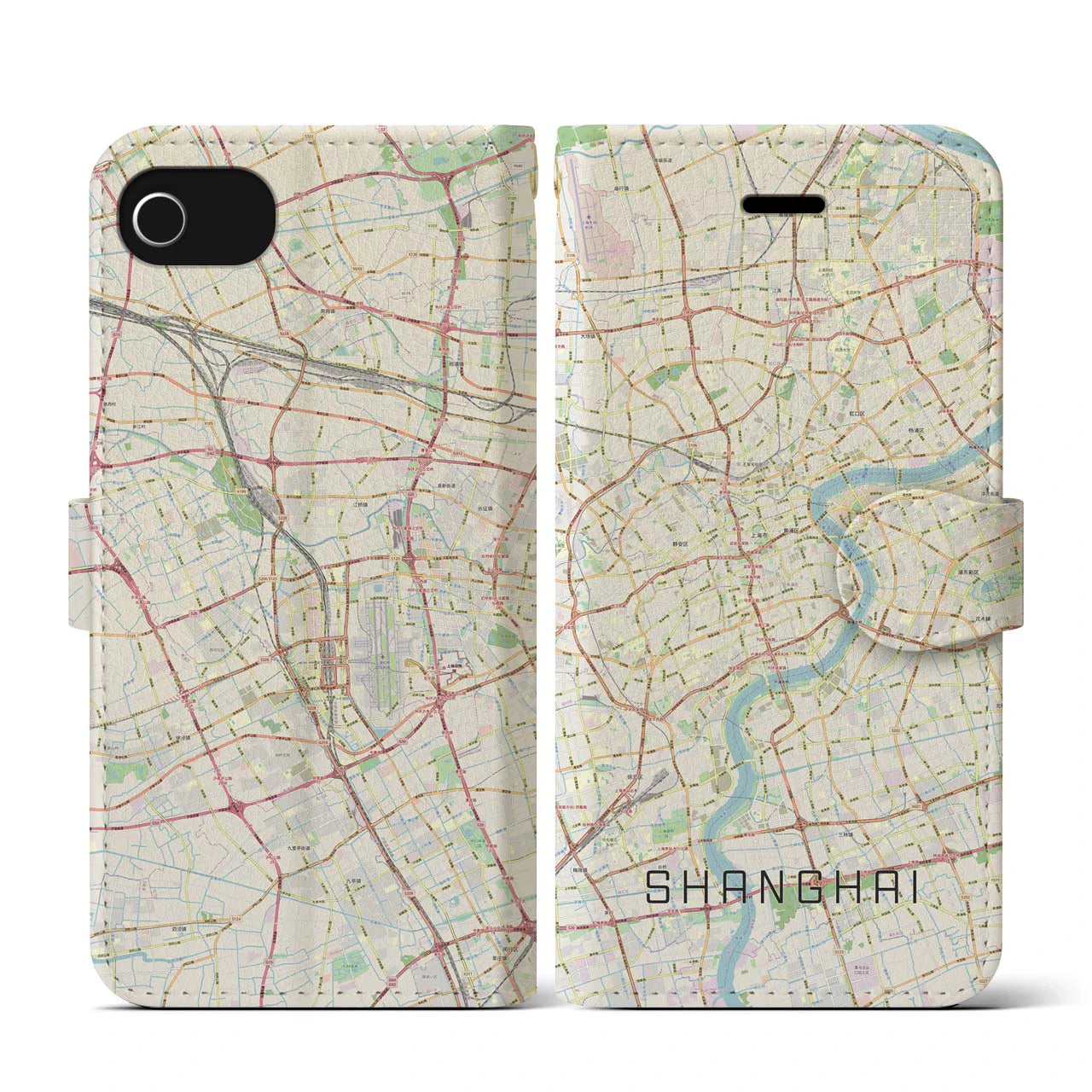 【上海】地図柄iPhoneケース（手帳両面タイプ・ナチュラル）iPhone SE（第3 / 第2世代） / 8 / 7 / 6s / 6 用