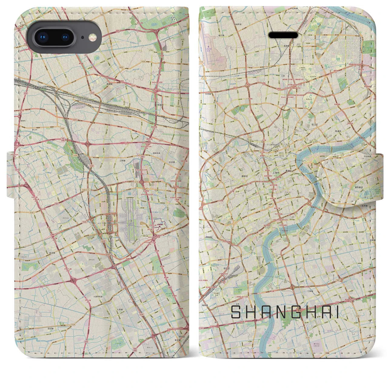 【上海】地図柄iPhoneケース（手帳両面タイプ・ナチュラル）iPhone 8Plus /7Plus / 6sPlus / 6Plus 用