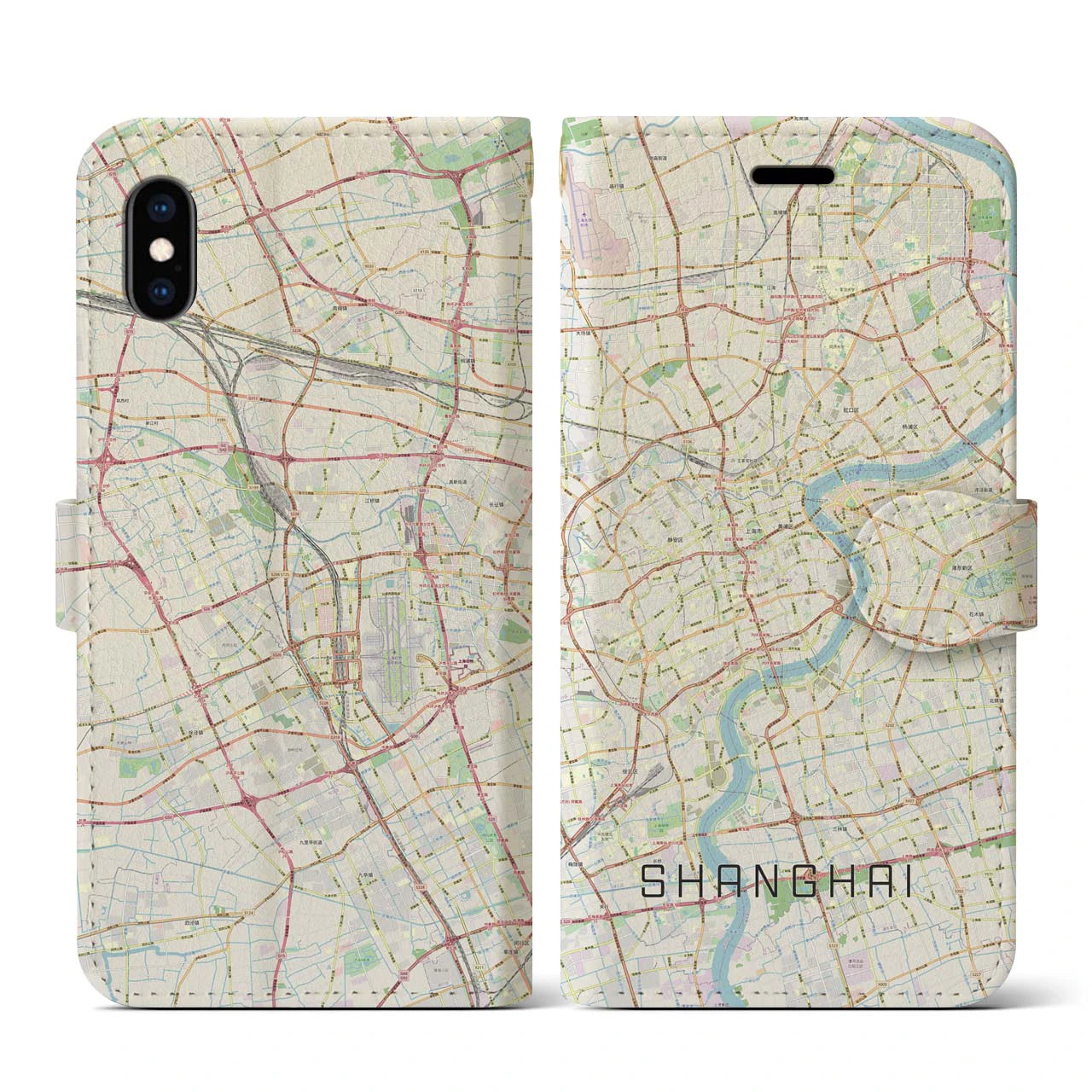 【上海】地図柄iPhoneケース（手帳両面タイプ・ナチュラル）iPhone XS / X 用