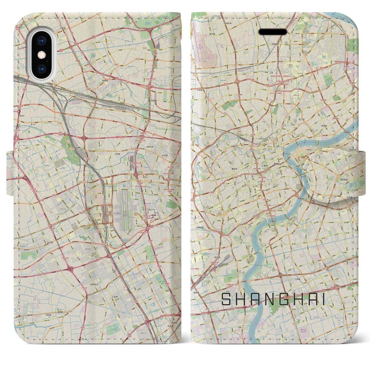 【上海】地図柄iPhoneケース（手帳両面タイプ・ナチュラル）iPhone XS Max 用