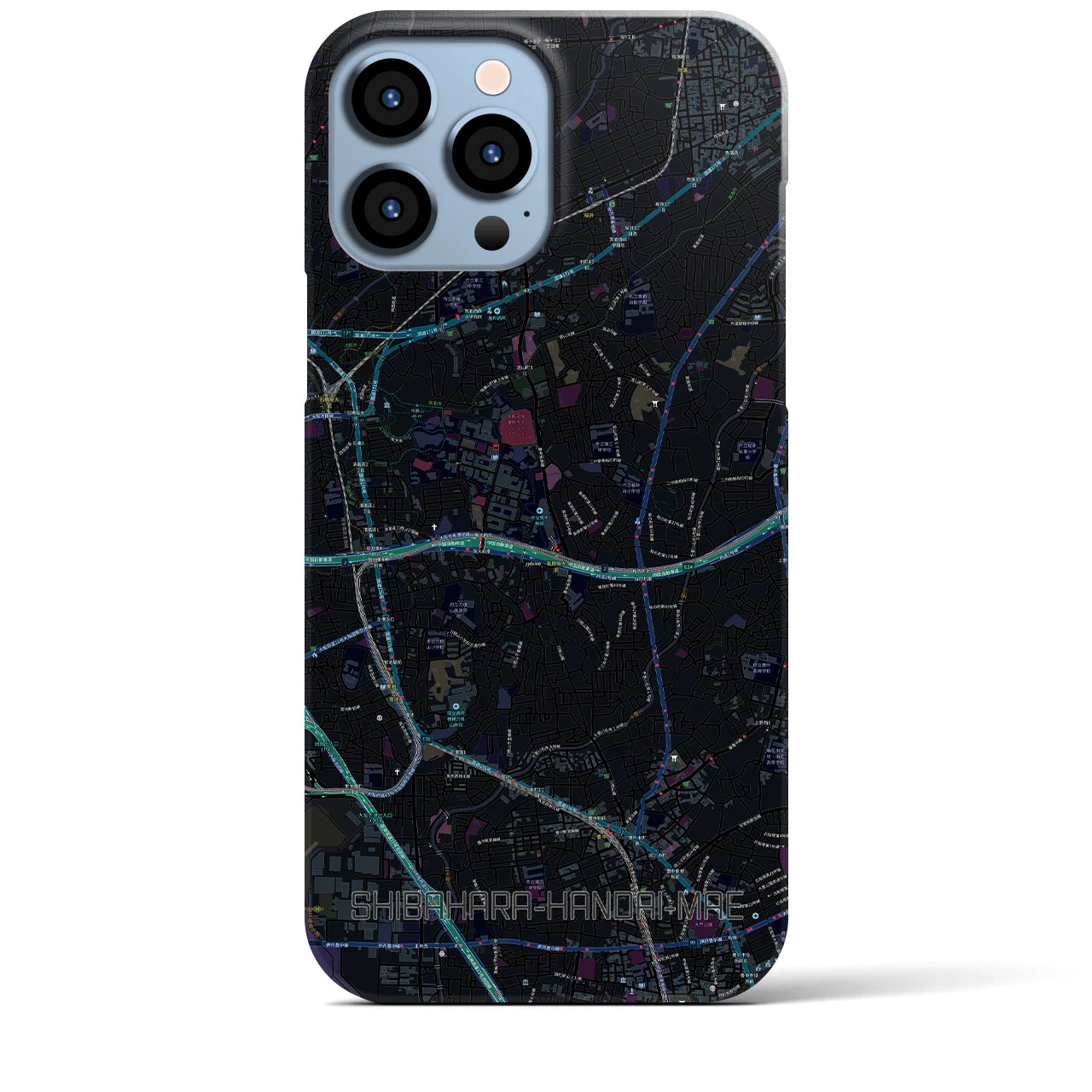 【柴原阪大前】地図柄iPhoneケース（バックカバータイプ・ブラック）iPhone 13 Pro Max 用