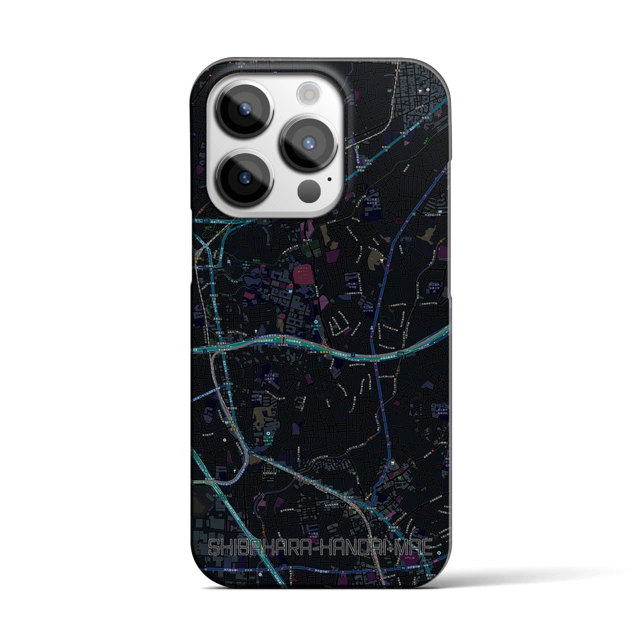 【柴原阪大前】地図柄iPhoneケース（バックカバータイプ・ブラック）iPhone 14 Pro 用