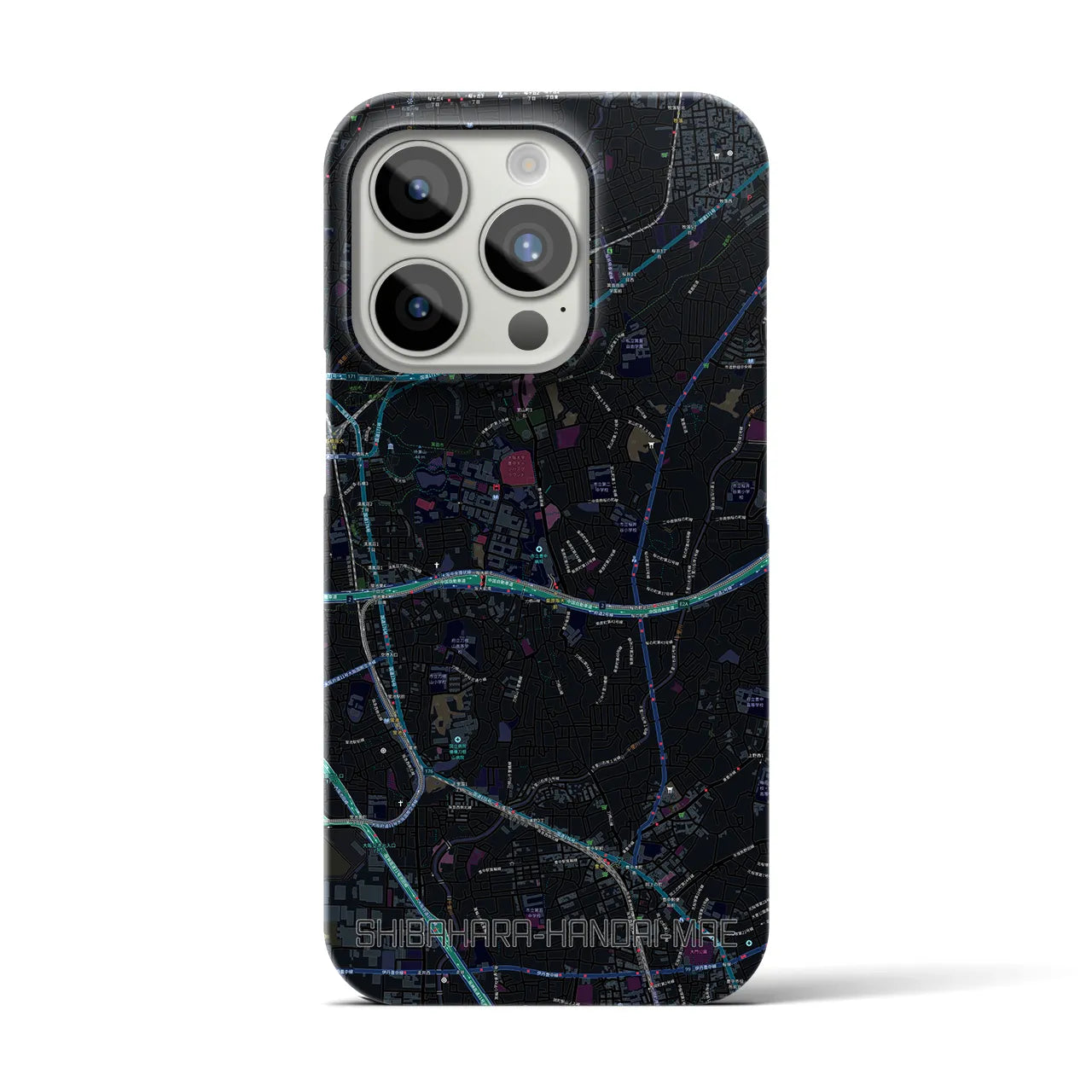 【柴原阪大前】地図柄iPhoneケース（バックカバータイプ・ブラック）iPhone 15 Pro 用