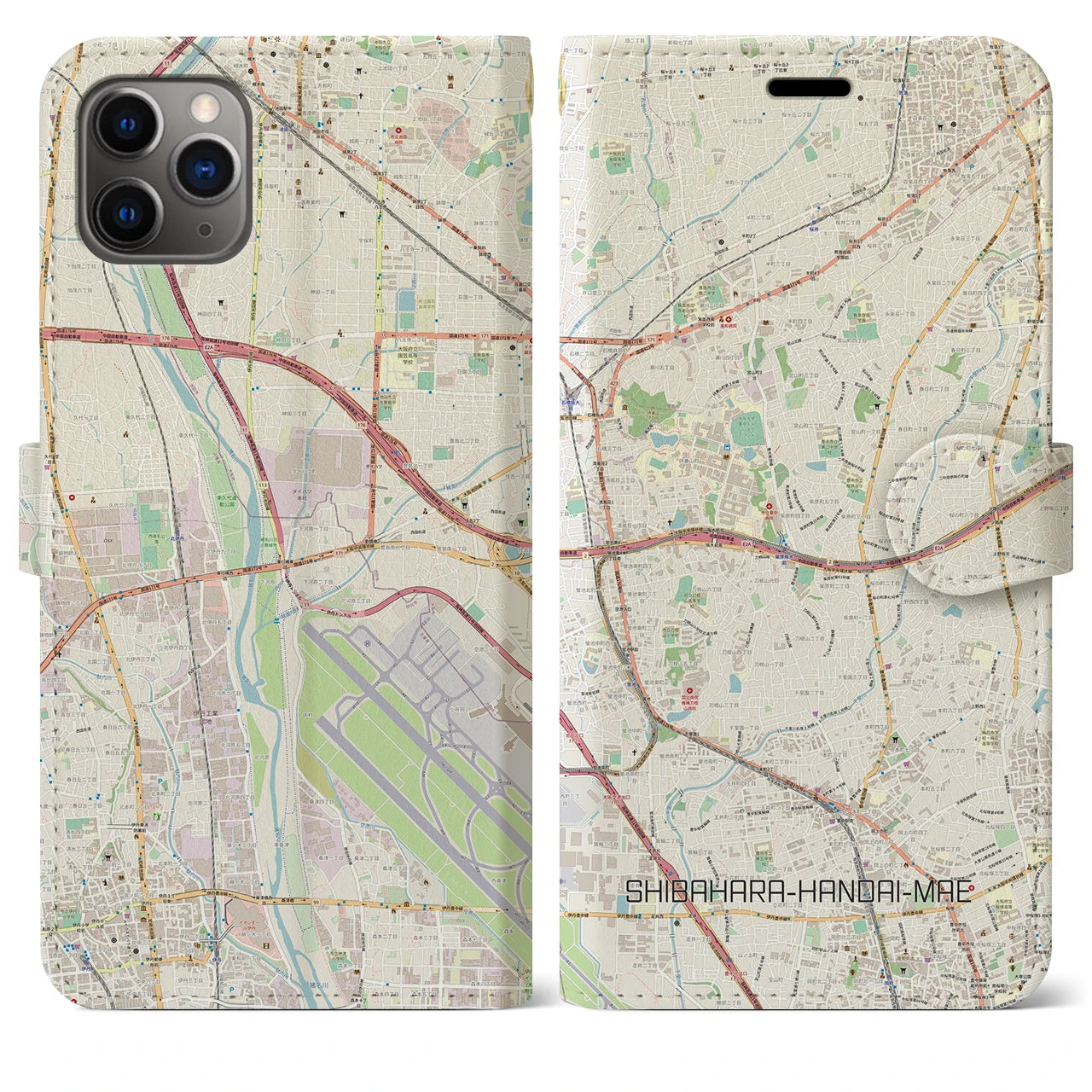 【柴原阪大前】地図柄iPhoneケース（手帳両面タイプ・ナチュラル）iPhone 11 Pro Max 用