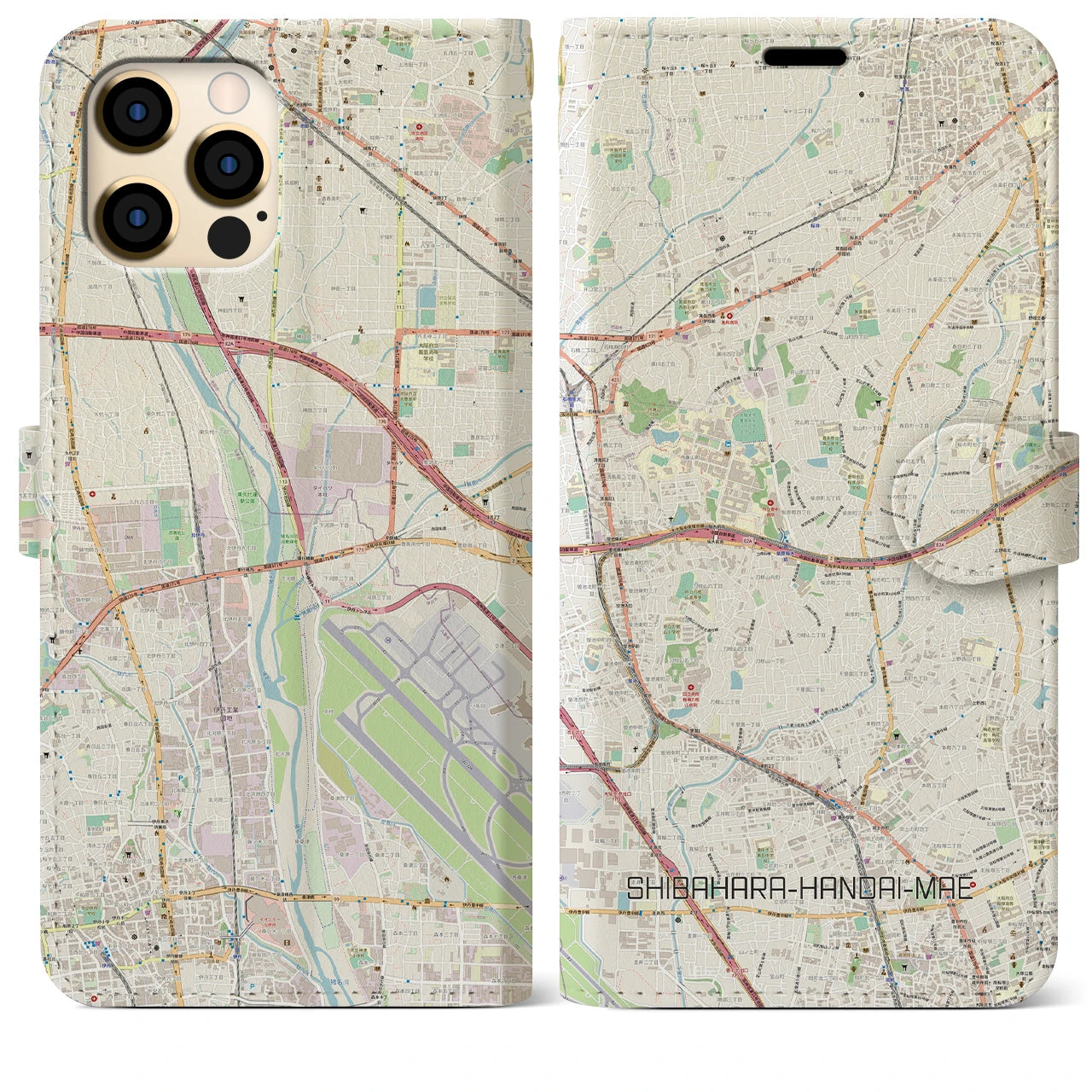 【柴原阪大前】地図柄iPhoneケース（手帳両面タイプ・ナチュラル）iPhone 12 Pro Max 用