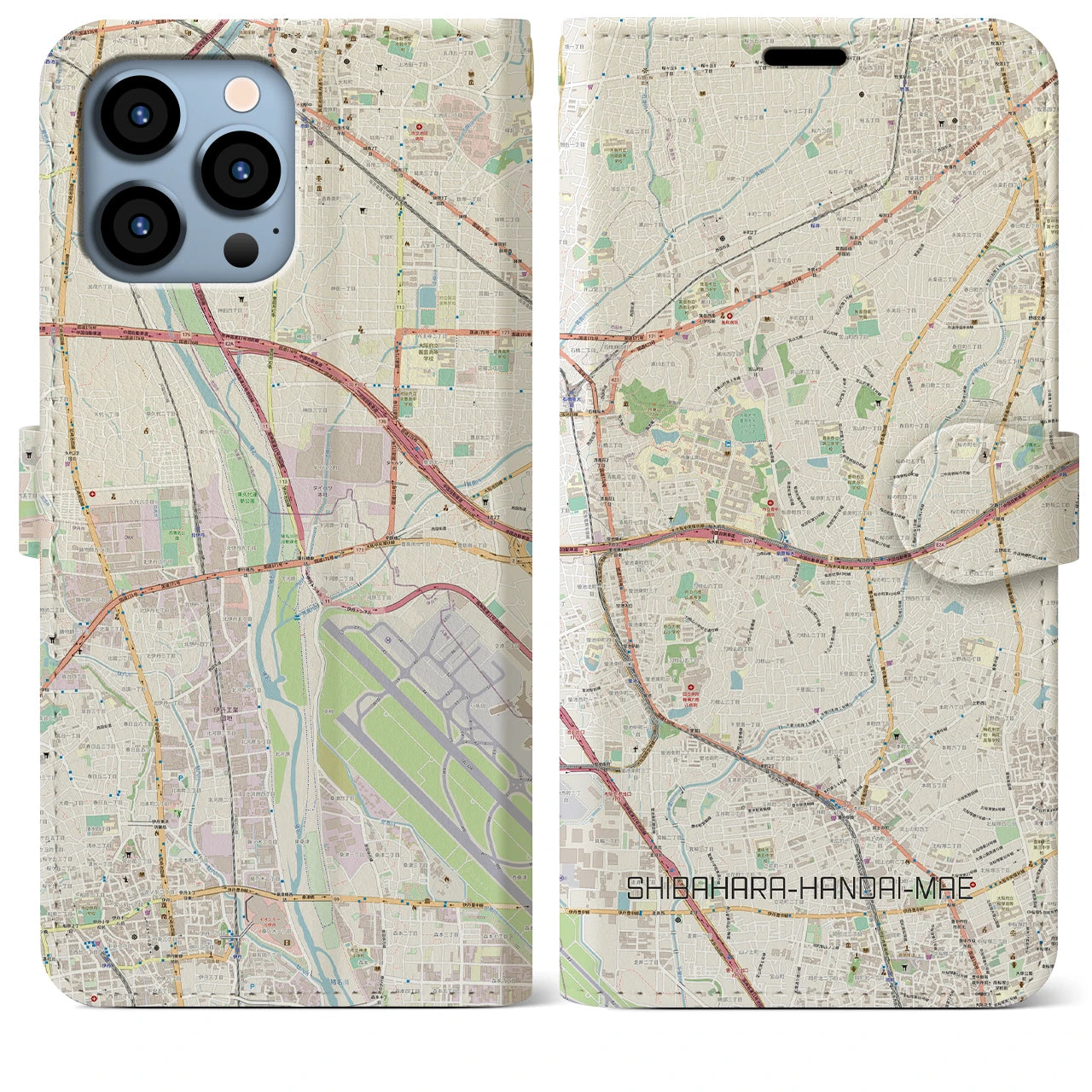 【柴原阪大前】地図柄iPhoneケース（手帳両面タイプ・ナチュラル）iPhone 13 Pro Max 用