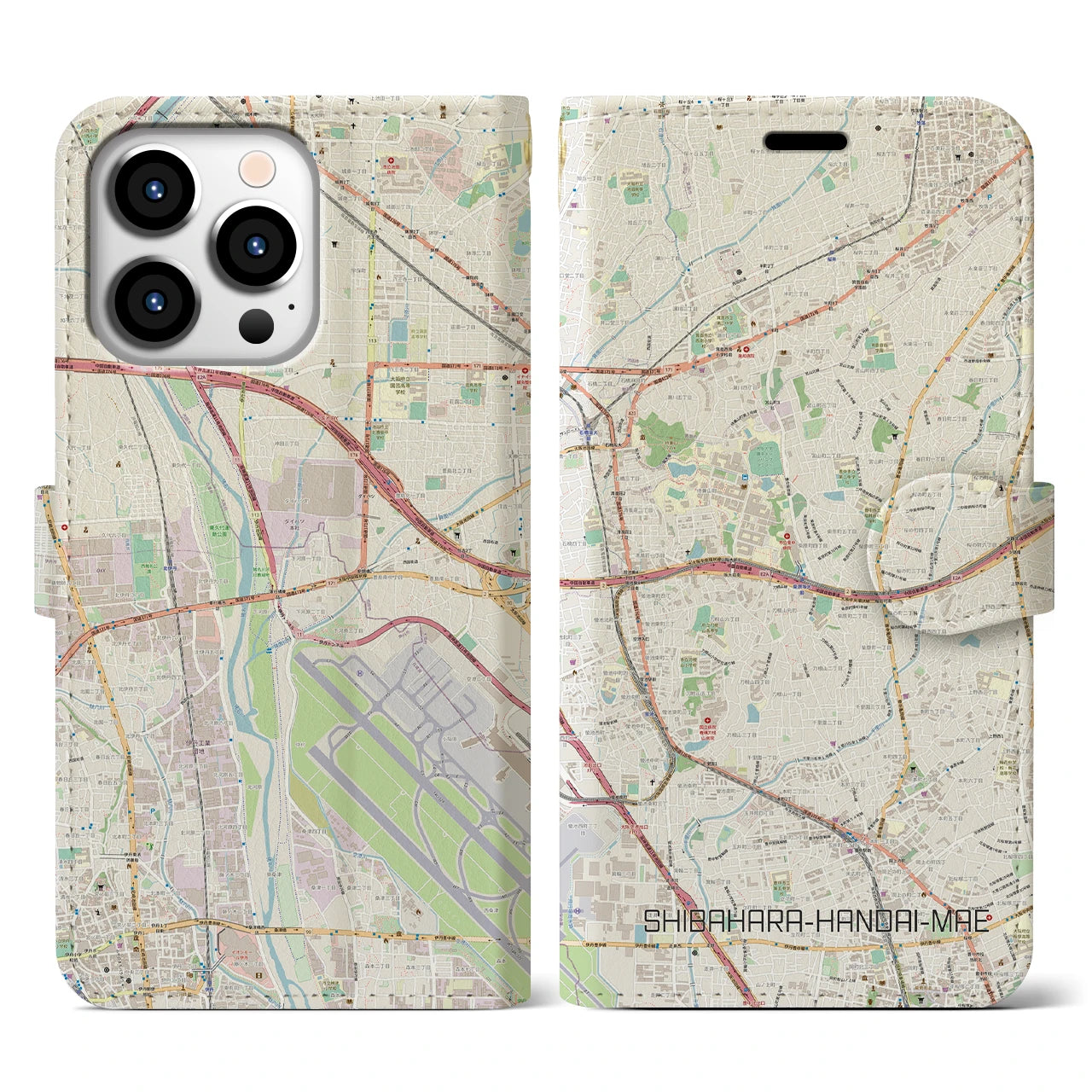 【柴原阪大前】地図柄iPhoneケース（手帳両面タイプ・ナチュラル）iPhone 13 Pro 用