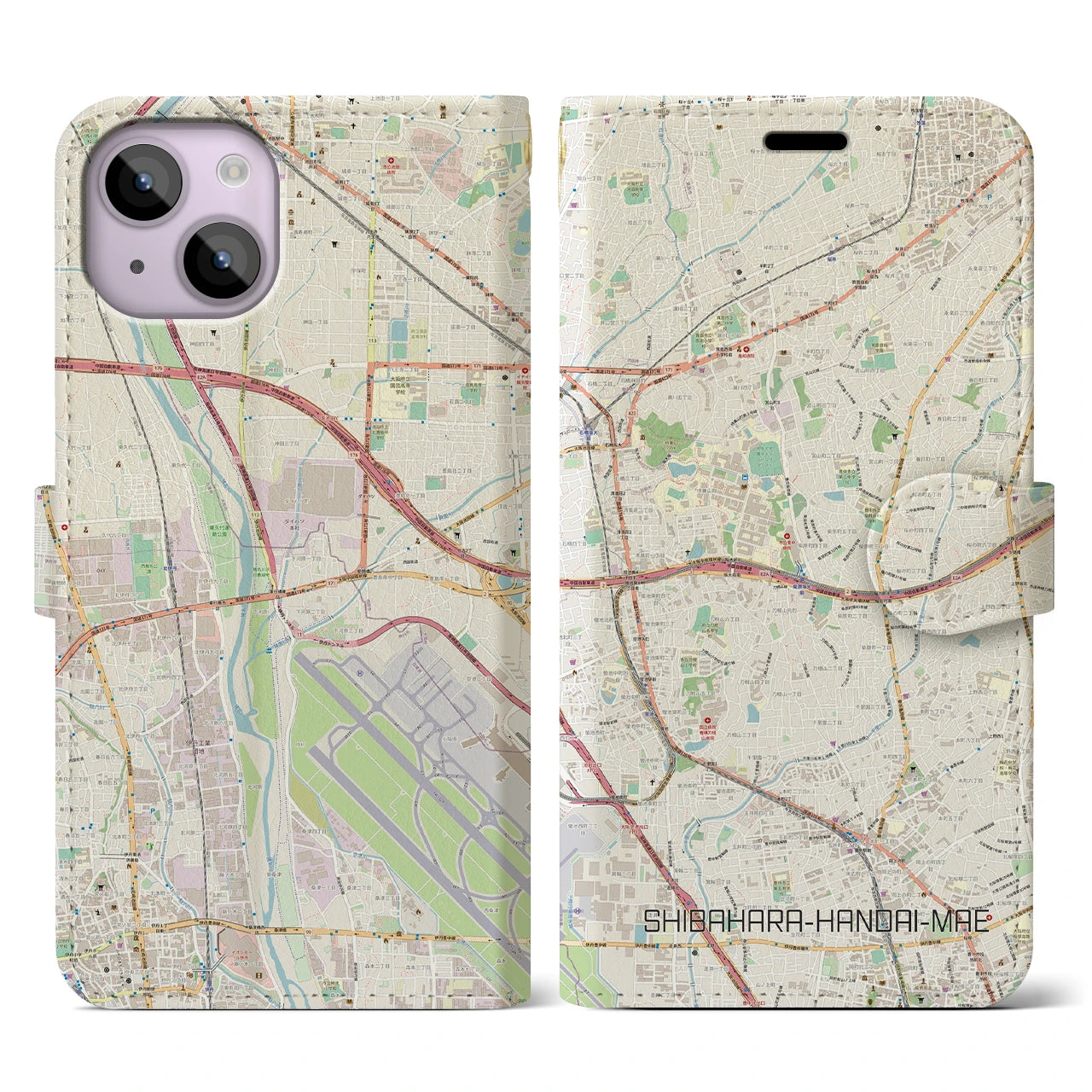 【柴原阪大前】地図柄iPhoneケース（手帳両面タイプ・ナチュラル）iPhone 14 用