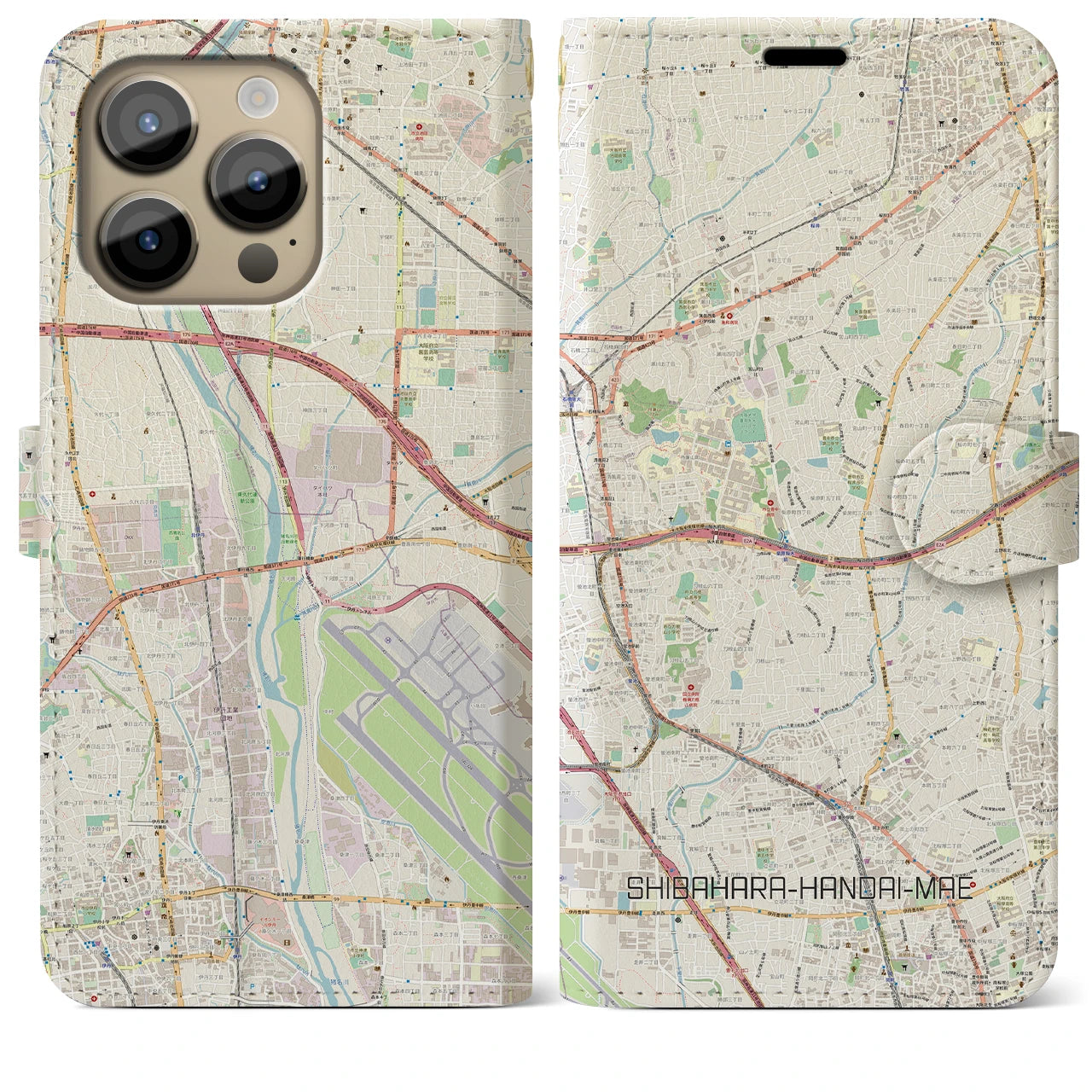 【柴原阪大前】地図柄iPhoneケース（手帳両面タイプ・ナチュラル）iPhone 14 Pro Max 用