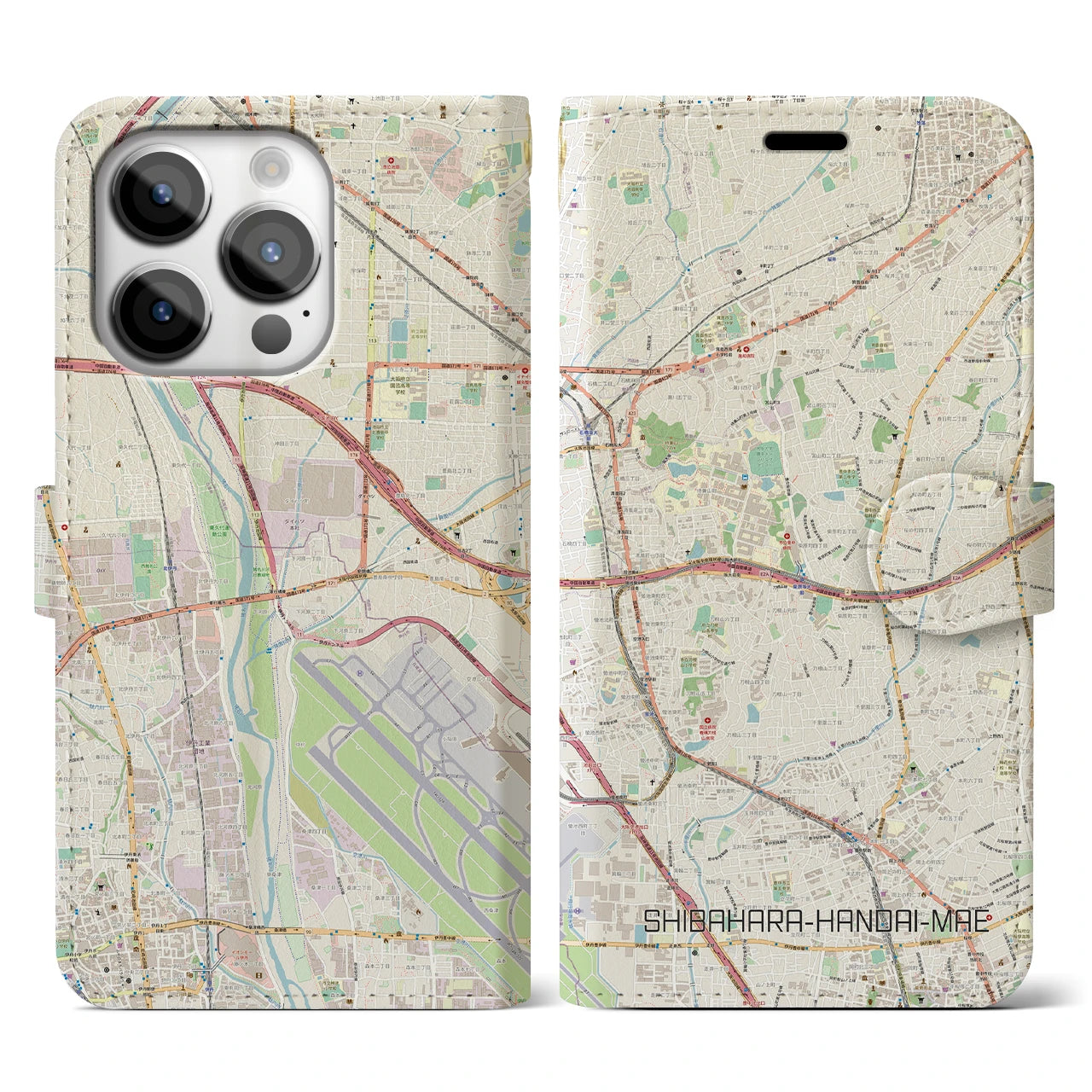 【柴原阪大前】地図柄iPhoneケース（手帳両面タイプ・ナチュラル）iPhone 14 Pro 用