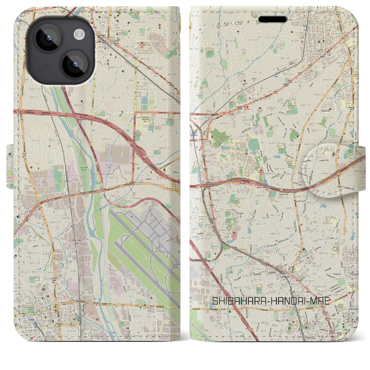 【柴原阪大前】地図柄iPhoneケース（手帳両面タイプ・ナチュラル）iPhone 14 Plus 用
