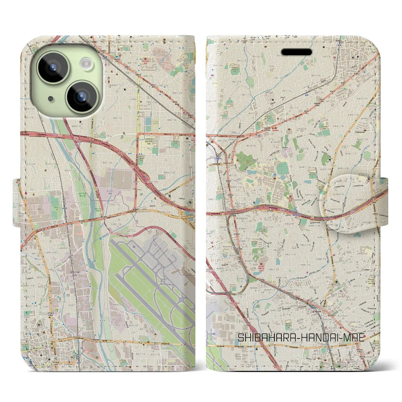【柴原阪大前】地図柄iPhoneケース（手帳両面タイプ・ナチュラル）iPhone 15 用