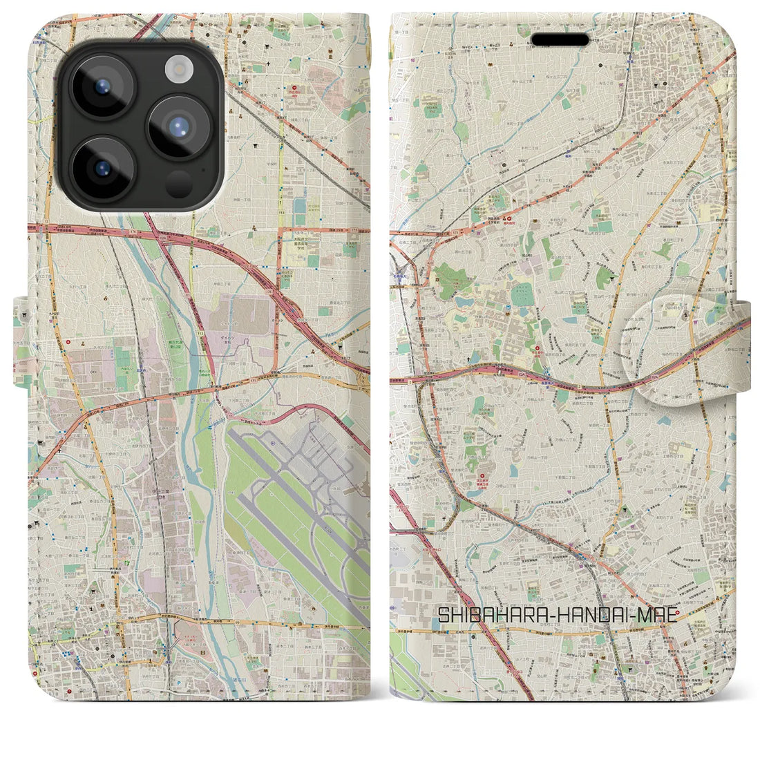【柴原阪大前】地図柄iPhoneケース（手帳両面タイプ・ナチュラル）iPhone 15 Pro Max 用