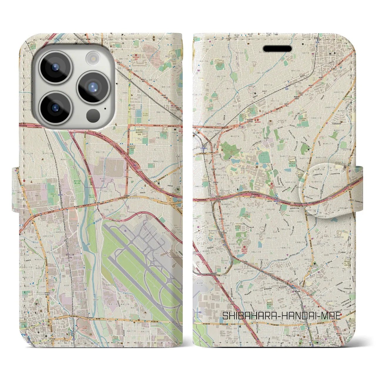 【柴原阪大前】地図柄iPhoneケース（手帳両面タイプ・ナチュラル）iPhone 15 Pro 用