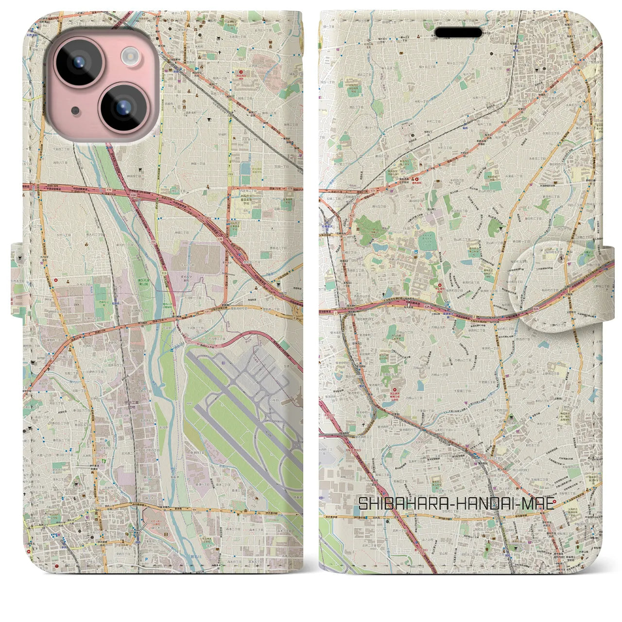 【柴原阪大前】地図柄iPhoneケース（手帳両面タイプ・ナチュラル）iPhone 15 Plus 用