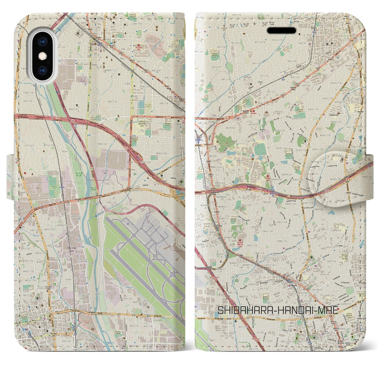 【柴原阪大前】地図柄iPhoneケース（手帳両面タイプ・ナチュラル）iPhone XS Max 用
