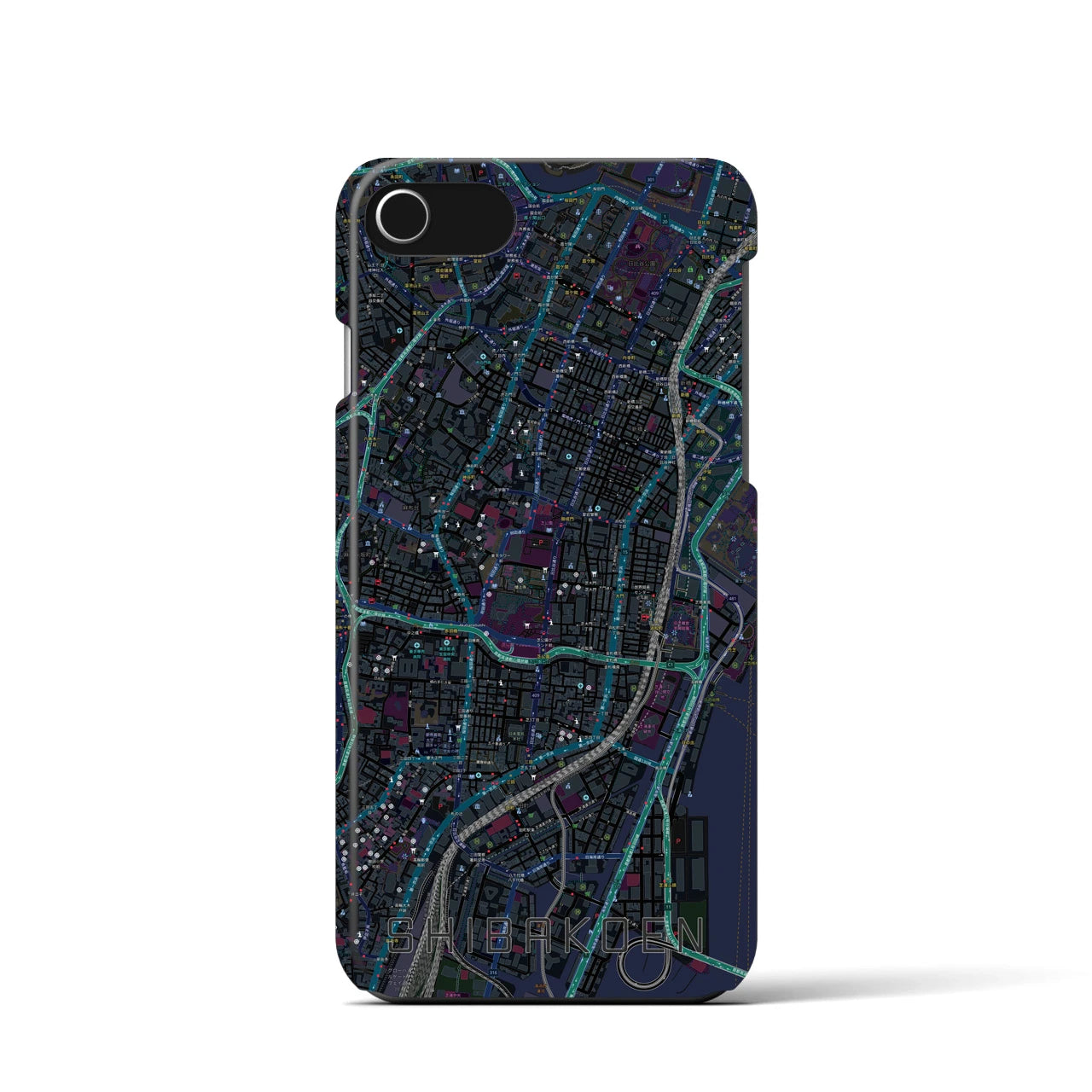 【芝公園】地図柄iPhoneケース（バックカバータイプ・ブラック）iPhone SE（第3 / 第2世代） / 8 / 7 / 6s / 6 用
