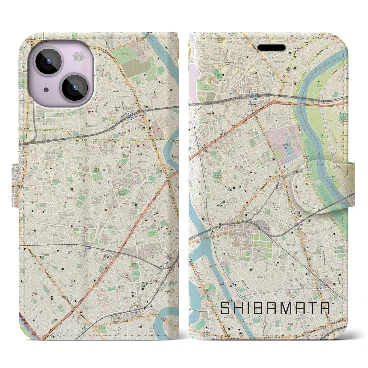 【柴又】地図柄iPhoneケース（手帳両面タイプ・ナチュラル）iPhone 14 用