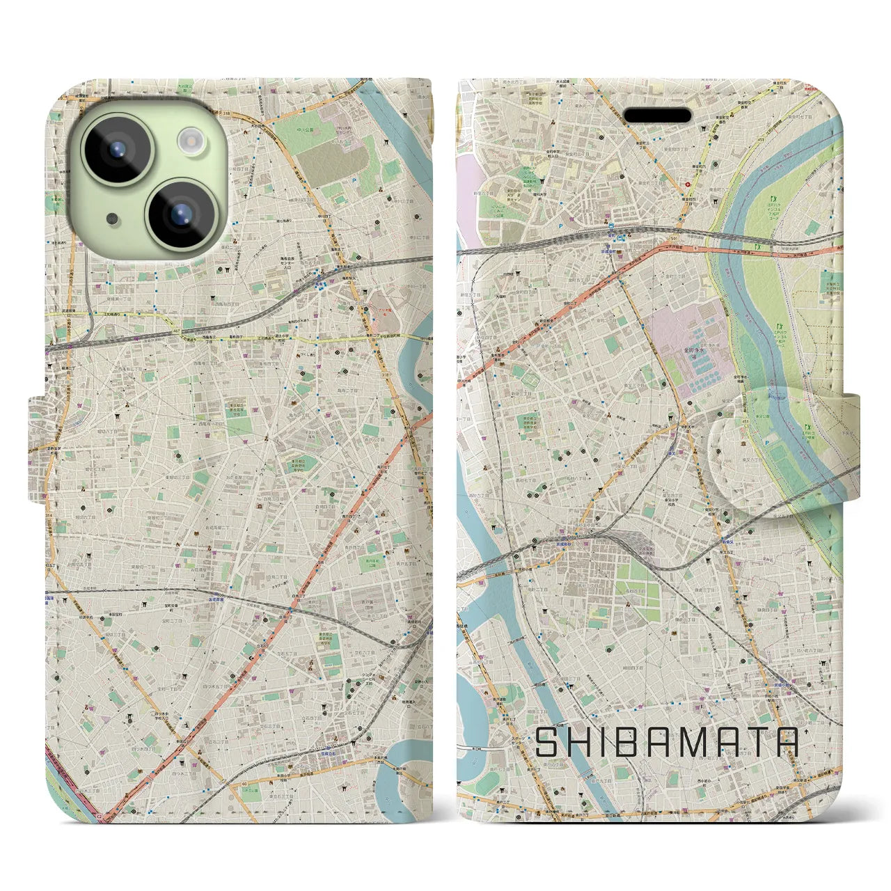 【柴又】地図柄iPhoneケース（手帳両面タイプ・ナチュラル）iPhone 15 用