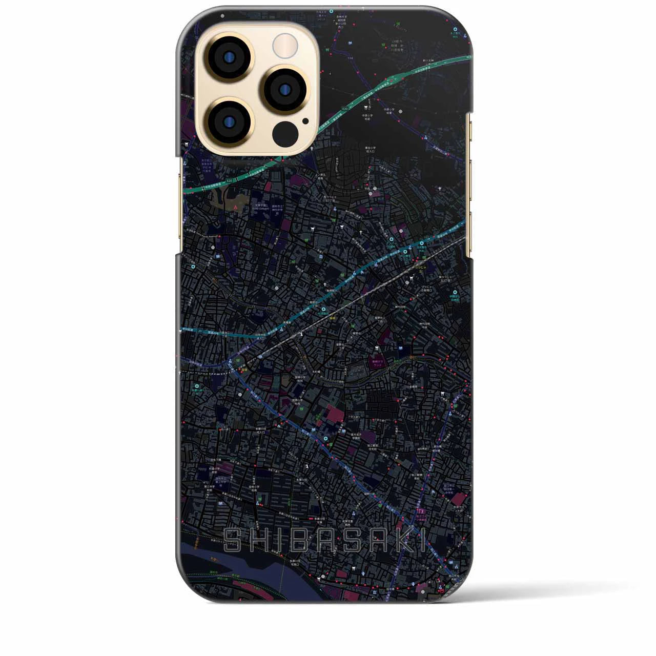 【柴崎】地図柄iPhoneケース（バックカバータイプ・ブラック）iPhone 12 Pro Max 用