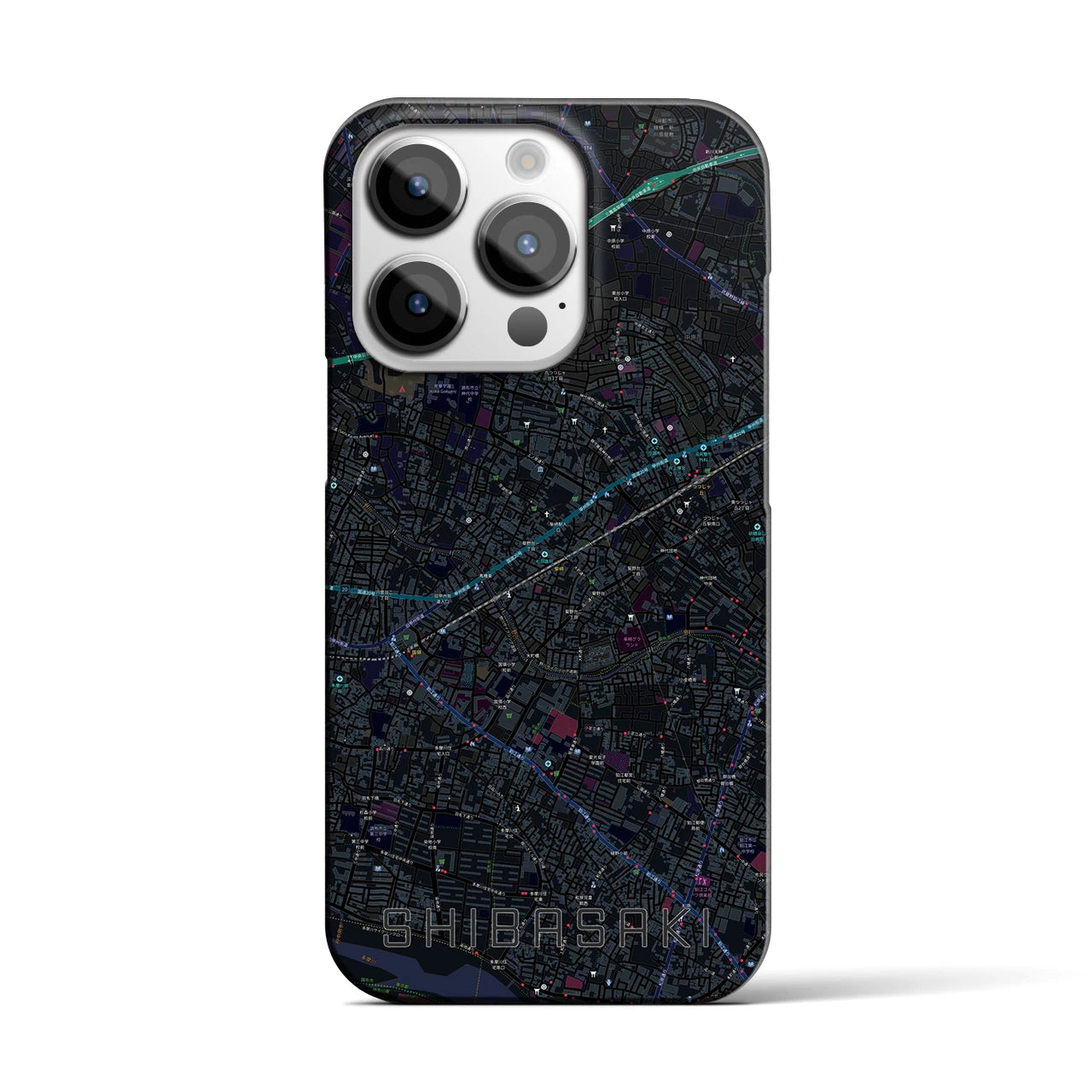 【柴崎】地図柄iPhoneケース（バックカバータイプ・ブラック）iPhone 14 Pro 用