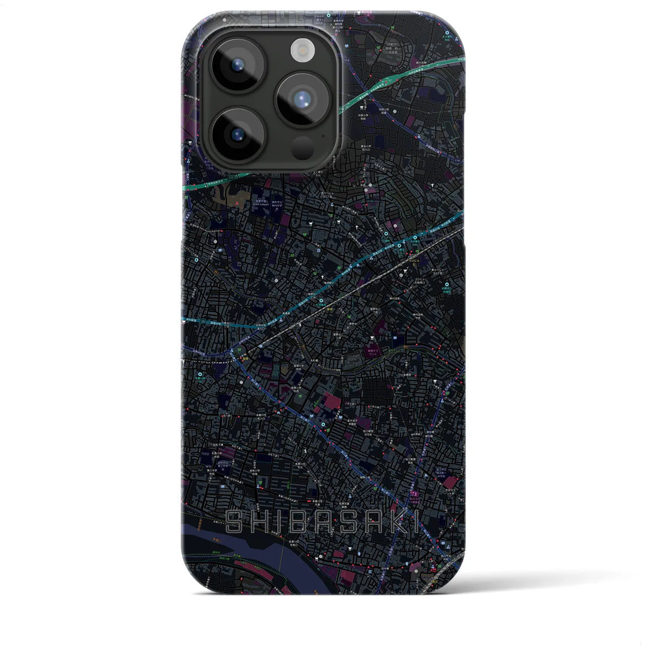 【柴崎】地図柄iPhoneケース（バックカバータイプ・ブラック）iPhone 15 Pro Max 用