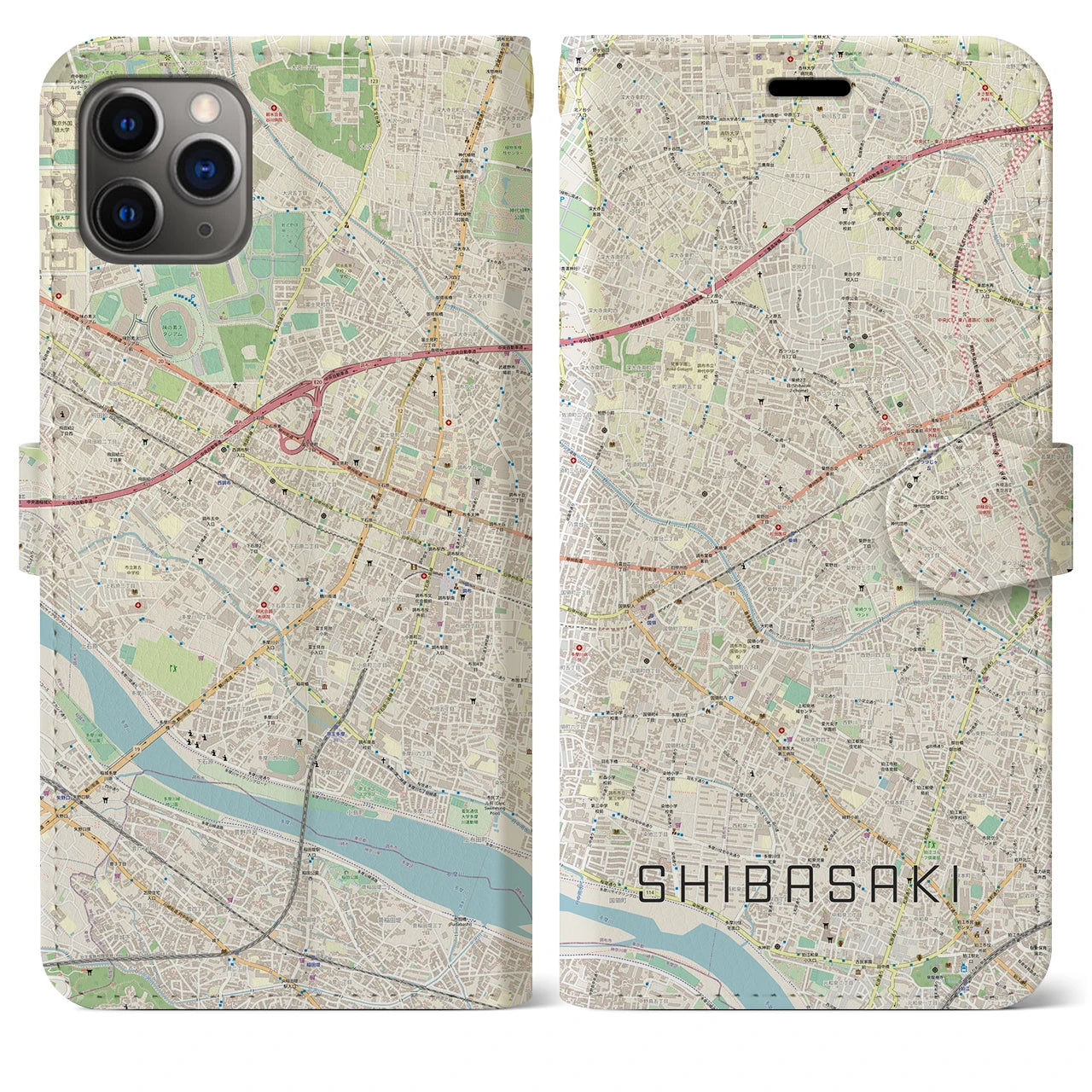 【柴崎】地図柄iPhoneケース（手帳両面タイプ・ナチュラル）iPhone 11 Pro Max 用